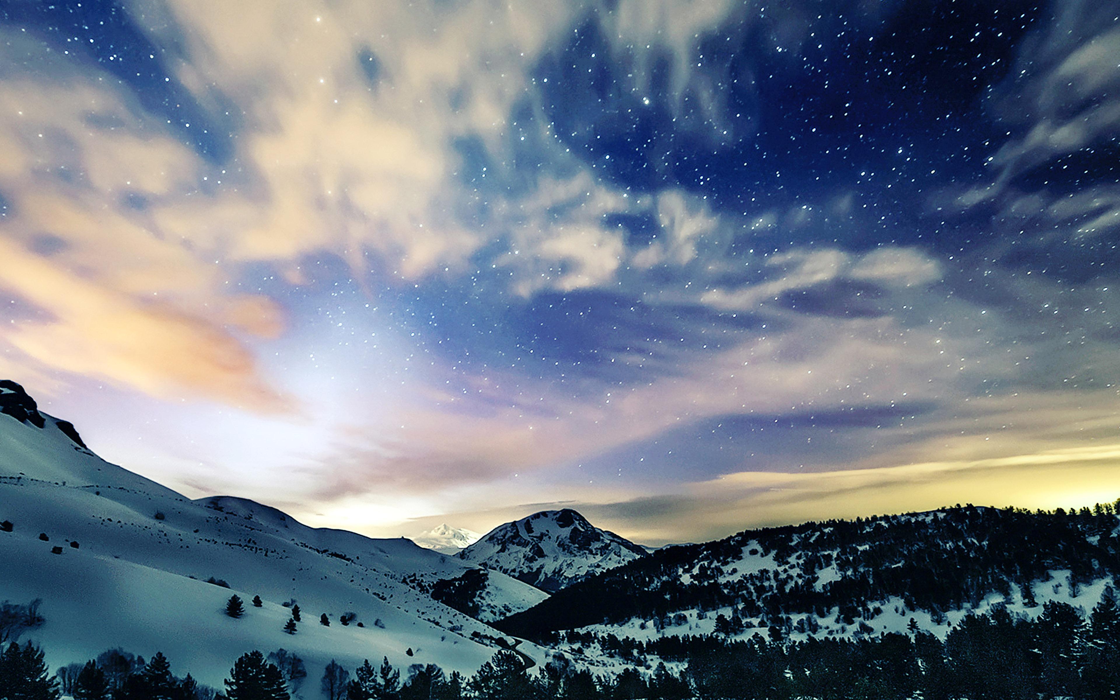 3840x2400 Aurora Star Sky Snow Night Mountain Winter Nature Wallpaper