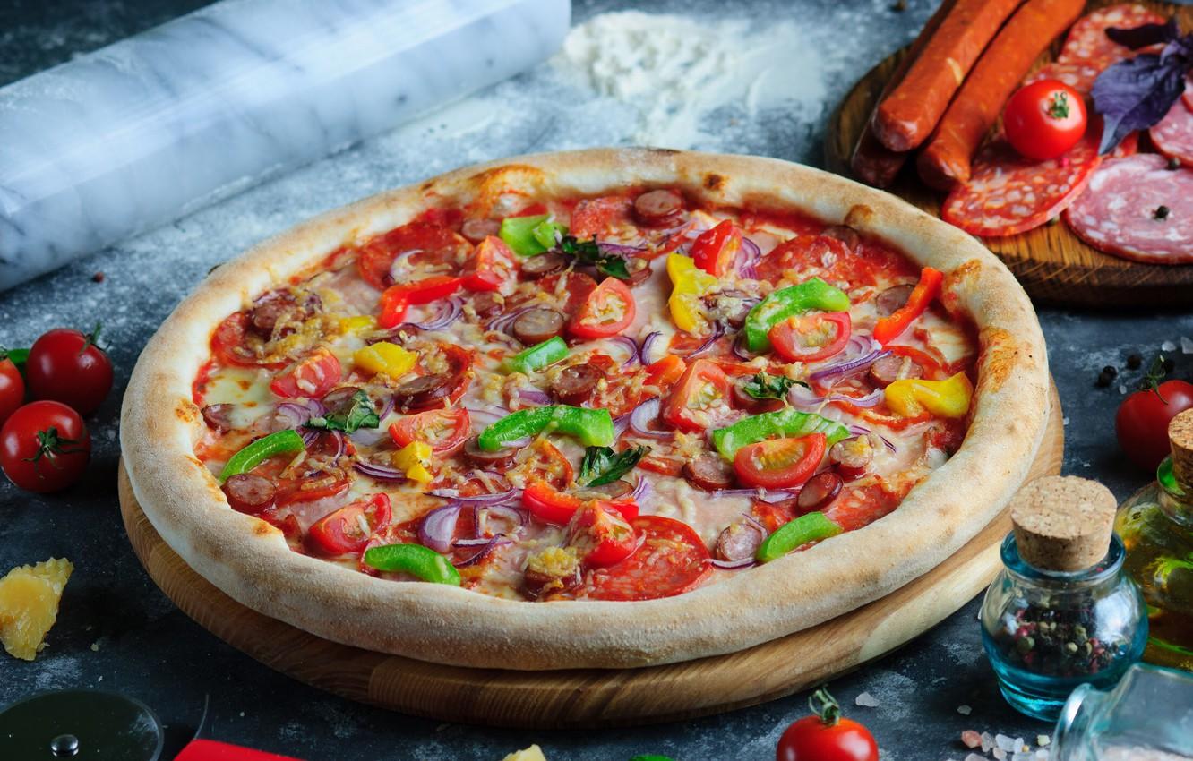 1332x850 Wallpaper pepper, pizza, tomatoes, sausage, spices, pepperoni image for desktop, section еда