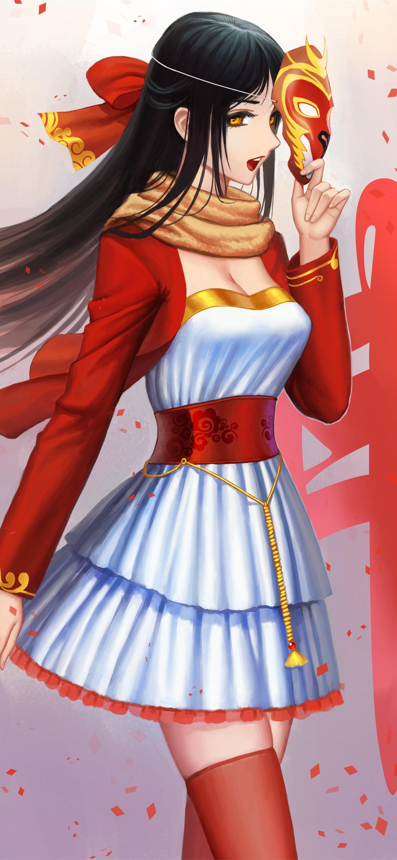 1284x2778 Anime Anime Girls Chinese New Year Long Hair Mask. iPhone Wallpaper Free Download