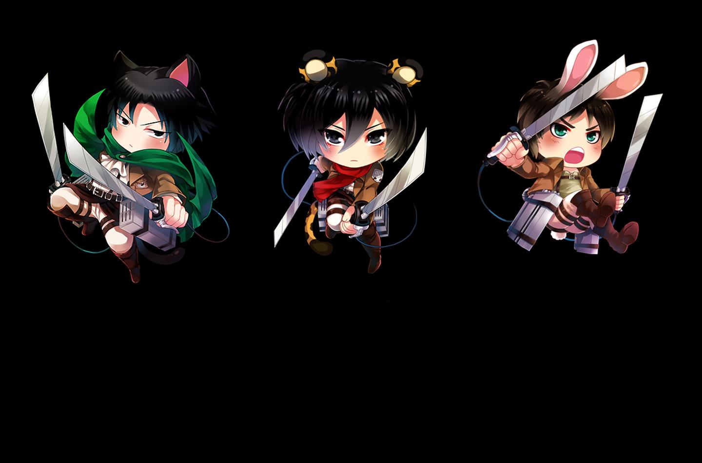 1440x950 Chibi Levi Mikasa Ackerman Eren Jaeger Attack On Titan On Titan Black Background