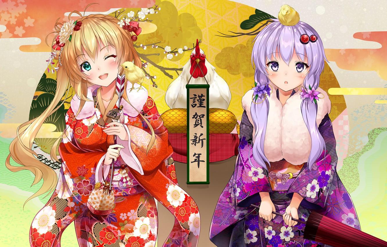 1332x850 Photo Wallpaper Kawaii, Girl, New Year, Vocaloid, Bird, Girl Kimono Cute