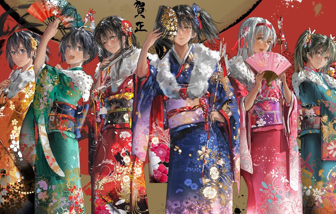 1332x850 Wallpaper kawaii, girl, game, yukata, flower, girls, woman, anime, beautiful, happy new year, brunette, asian, manga, japanese, oriental, asiatic image for desktop, section прочее