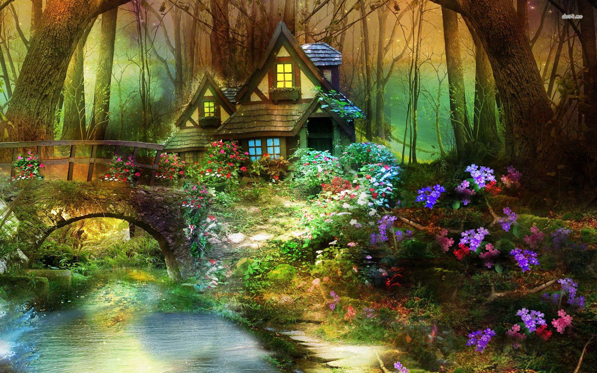1920x1200 Enchanted forest hut. Forest wallpaper, Fantasy landscape, Fantasy picture