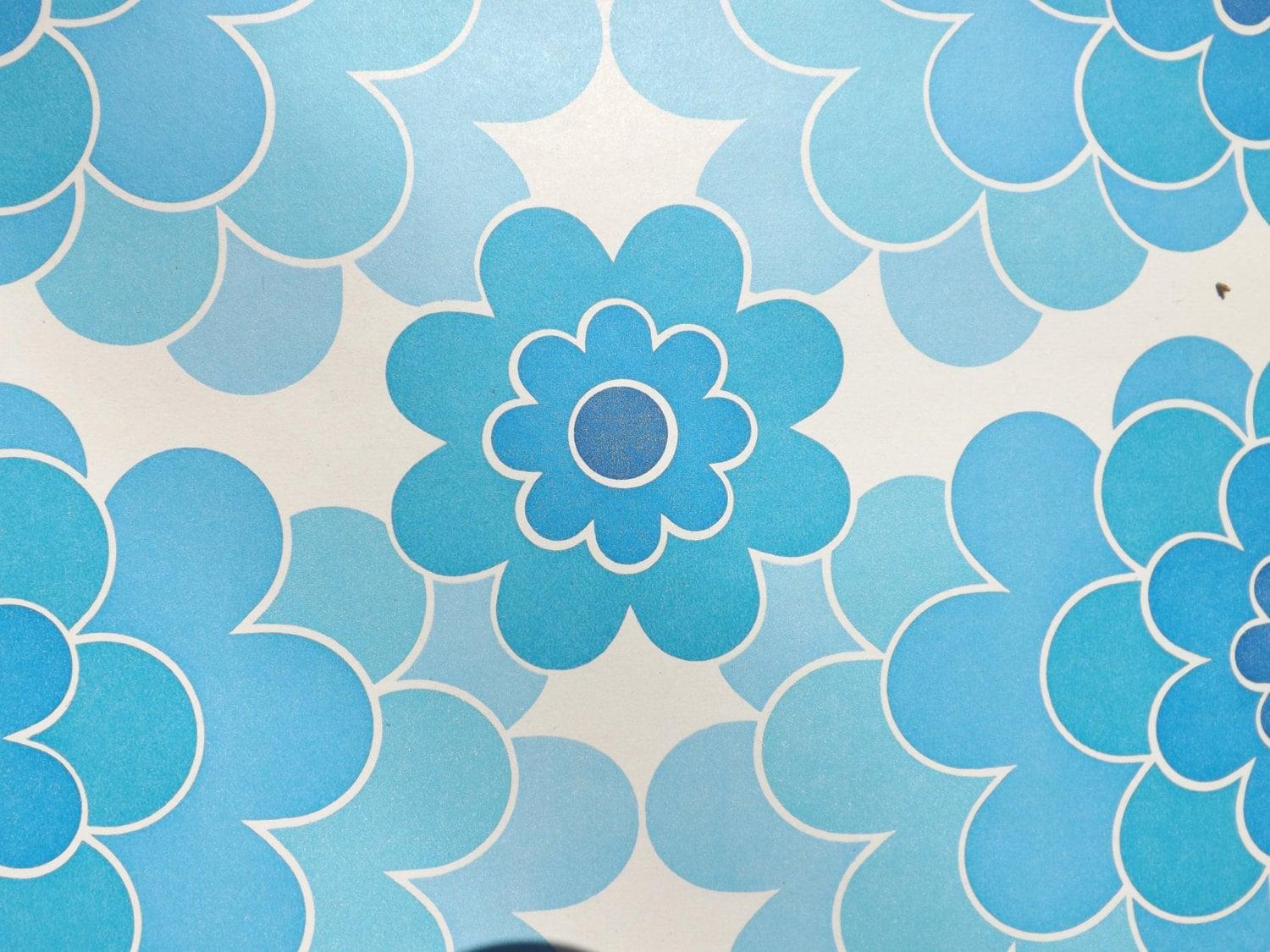1500x1125 Vintage blue wallpaper by the meter French pop flowers 60s 70s