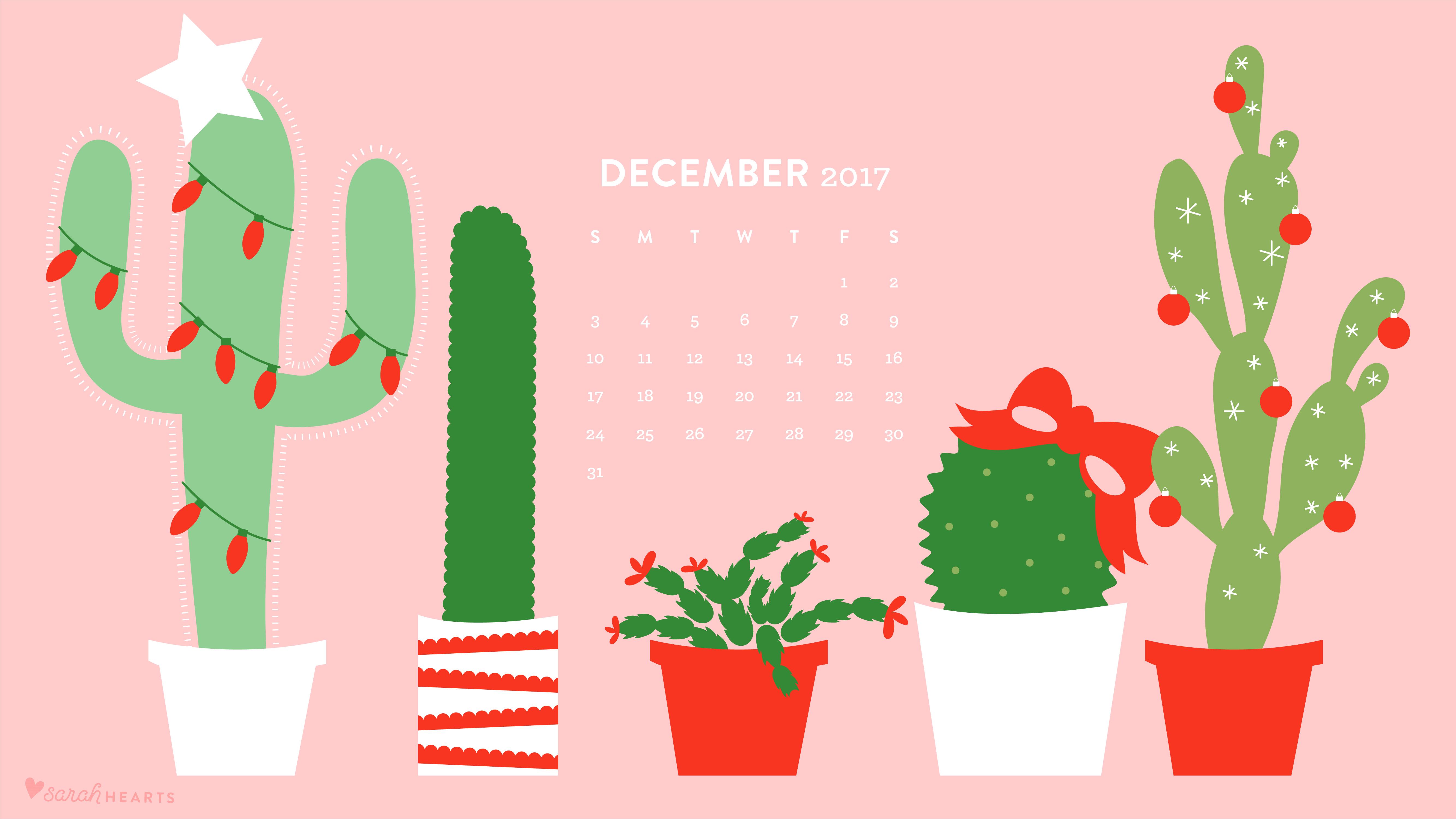 5334x3001 December 2017 Christmas Cactus Calendar Wallpaper