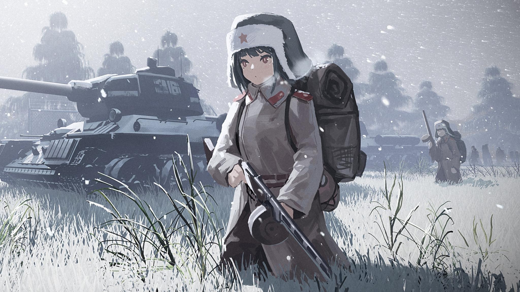 2048x1152 Military Anime Girl Wallpaper