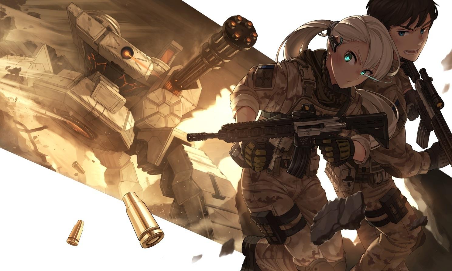 1488x893 Wallpaper White Hair, Guns, Anime Girl, Soldier, Military, Anime Boy, Battle:1488x893