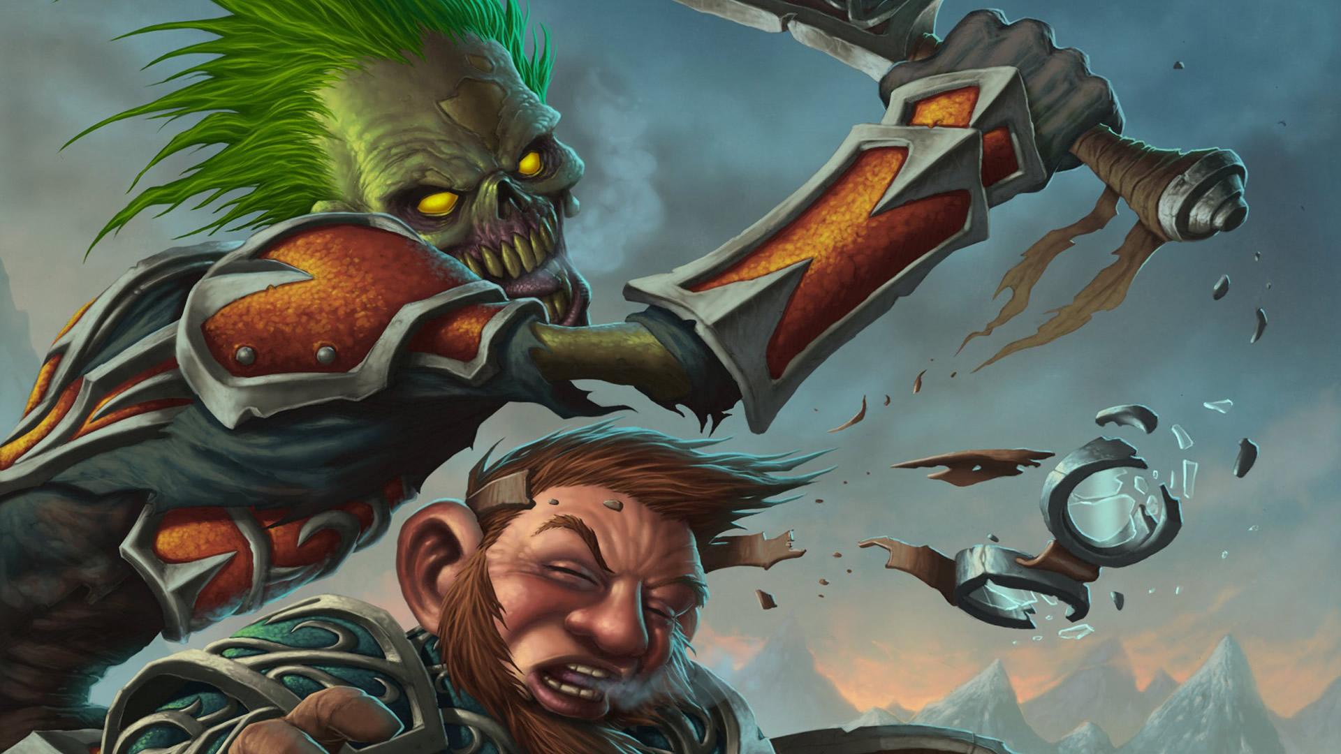 1920x1080 Zombie Knocking Dwarfs Goggles Off Of Warcraft Trading Card Wallpaper