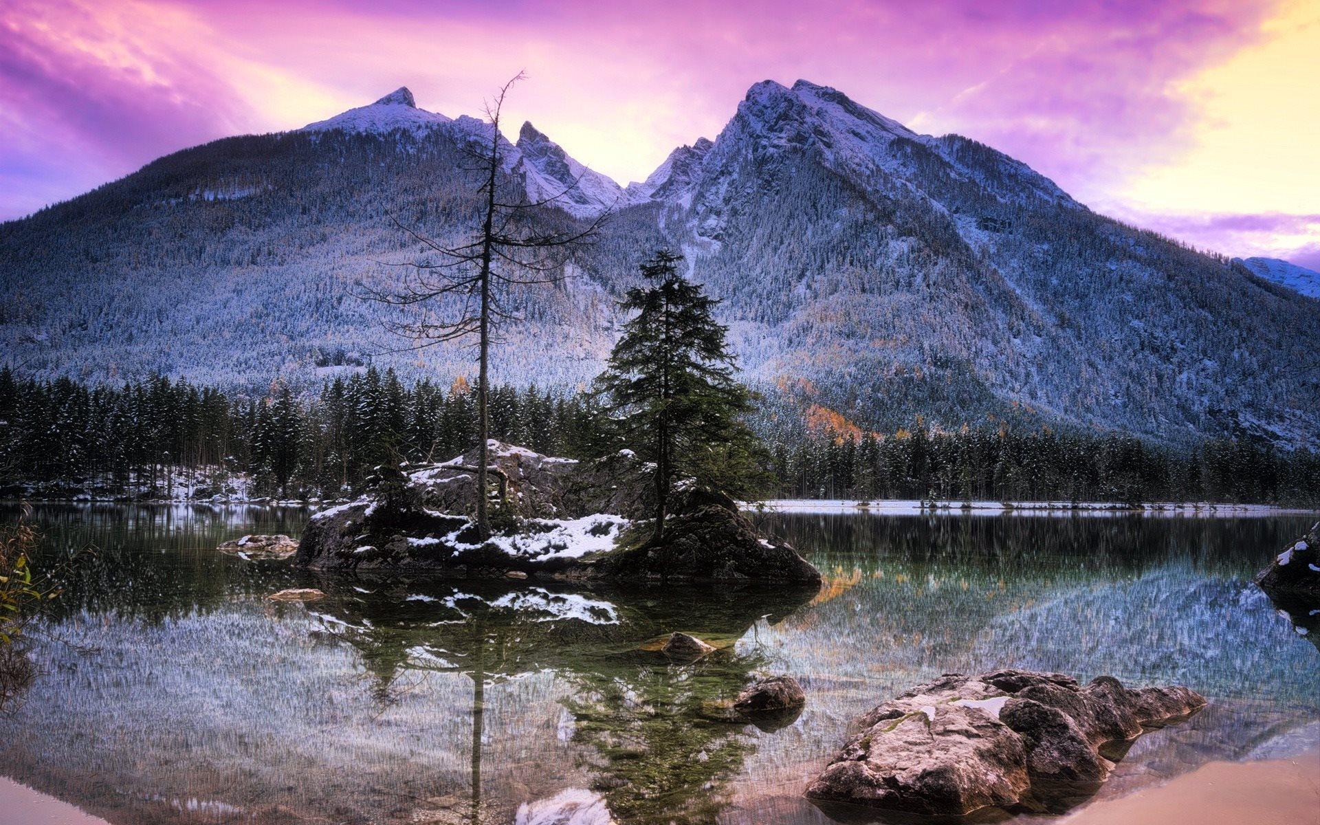 1920x1200 Download wallpaper winter, mountains, sunset, mountain lake, forest, snow, Canada for desktop with resolution 1920x1200. High Quality HD picture wallpaper