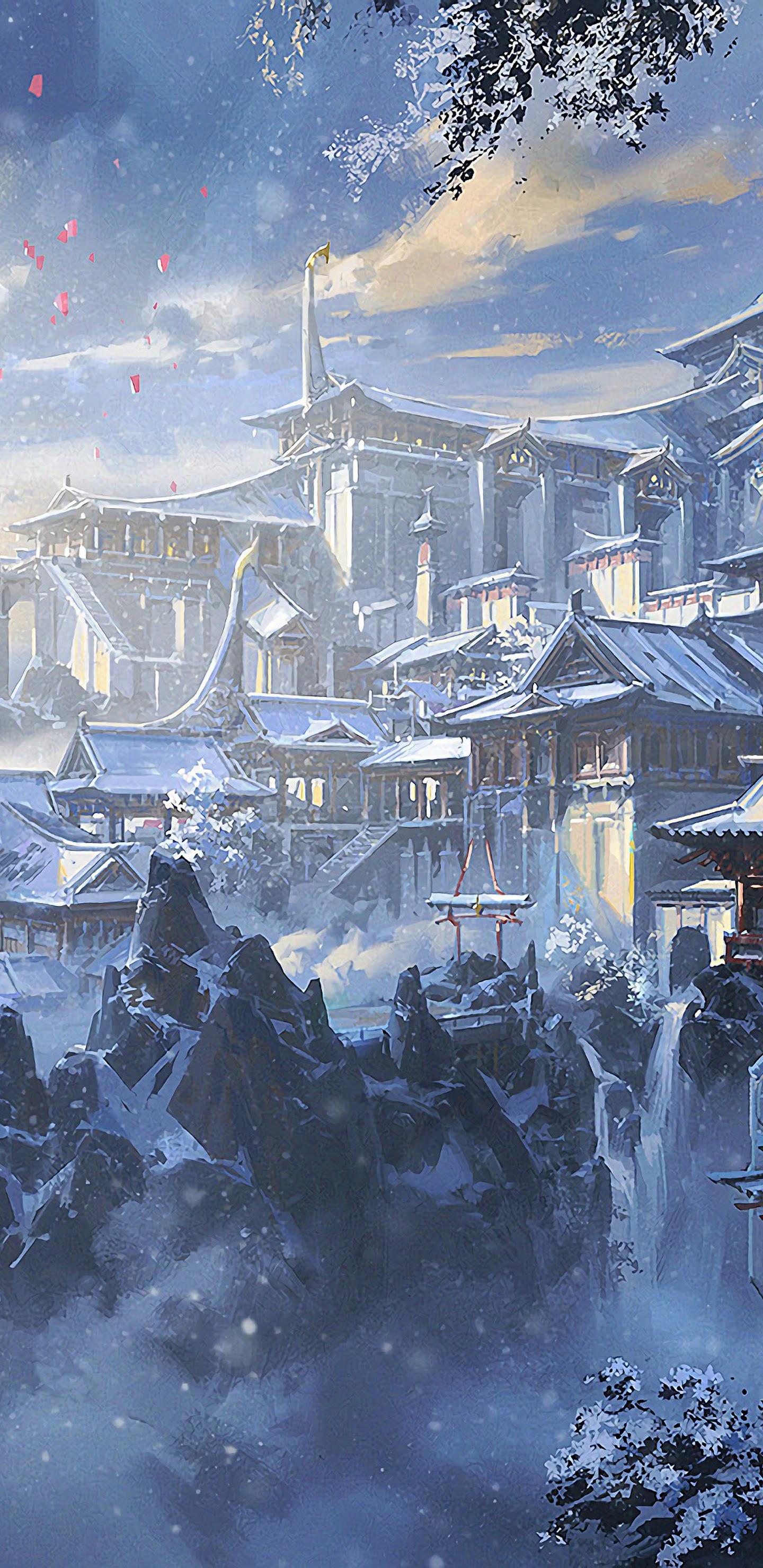 1440x2960 Japanese Castle Fantasy Art 4K Wallpaper