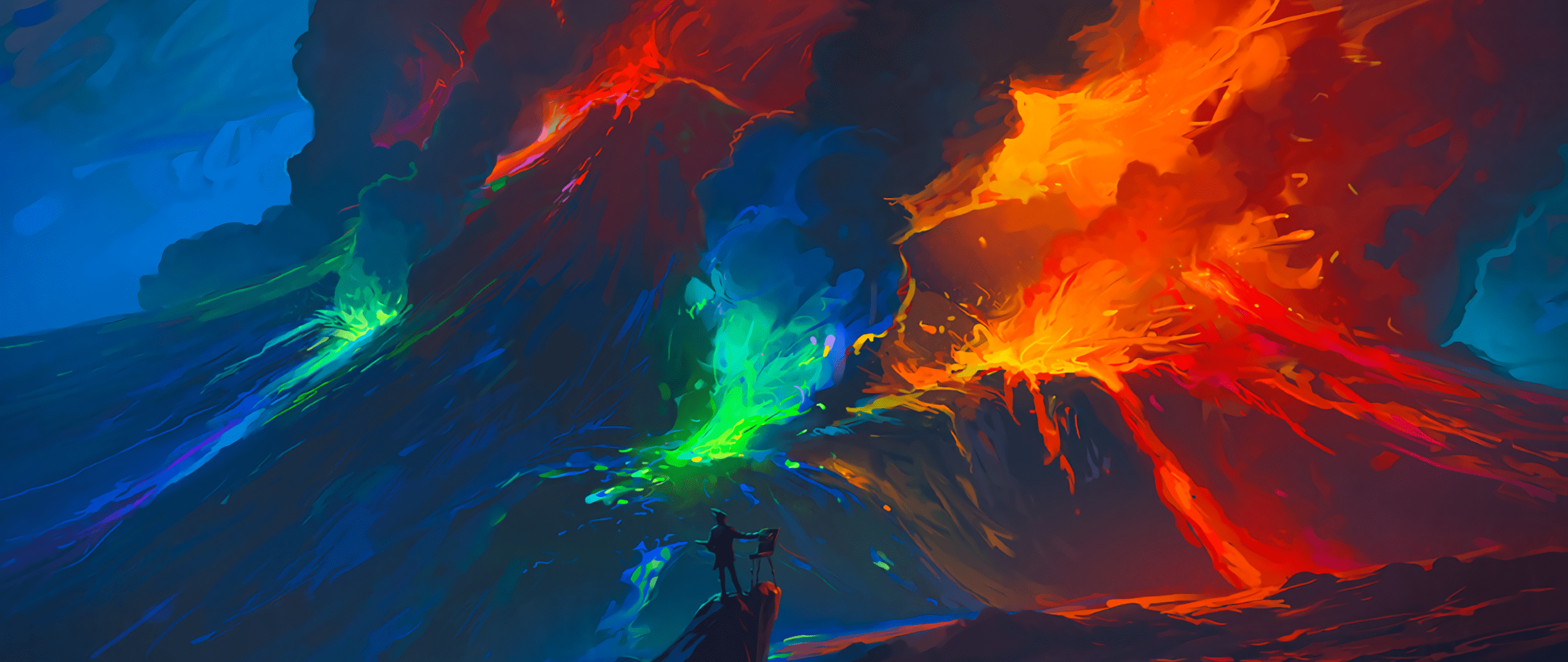 2560x1080 Download Artist, volcano eruption, waves, colorful, fantasy, art wallpaper, 2560x Dual Wide, Widescreen