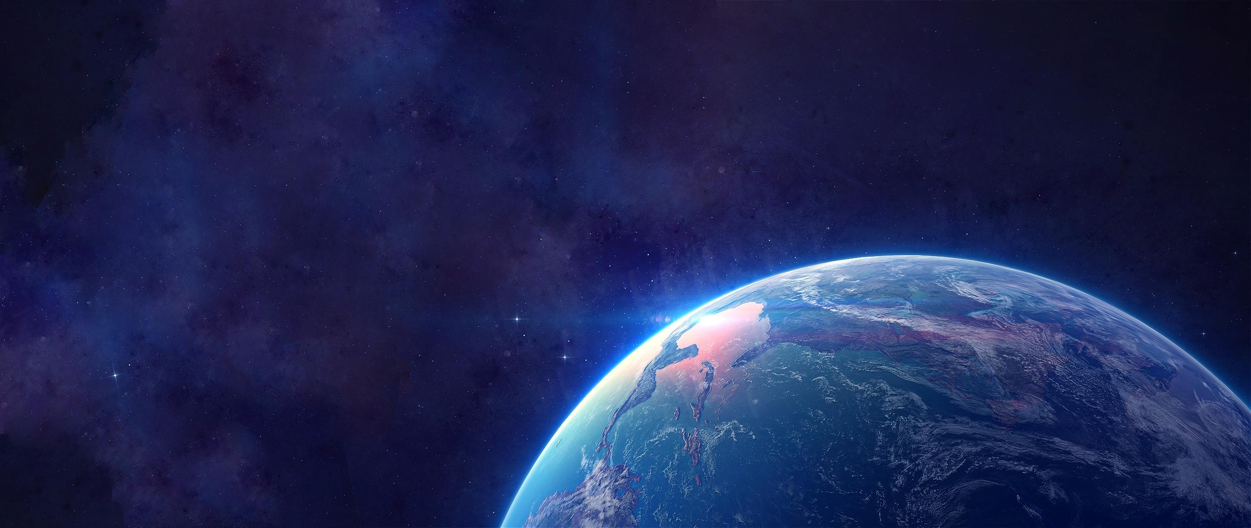 2560x1080 Download 2560x1080 Earth, Galaxy, Stars, Ultrawide, Atmosphere, Digital Art Wallpaper