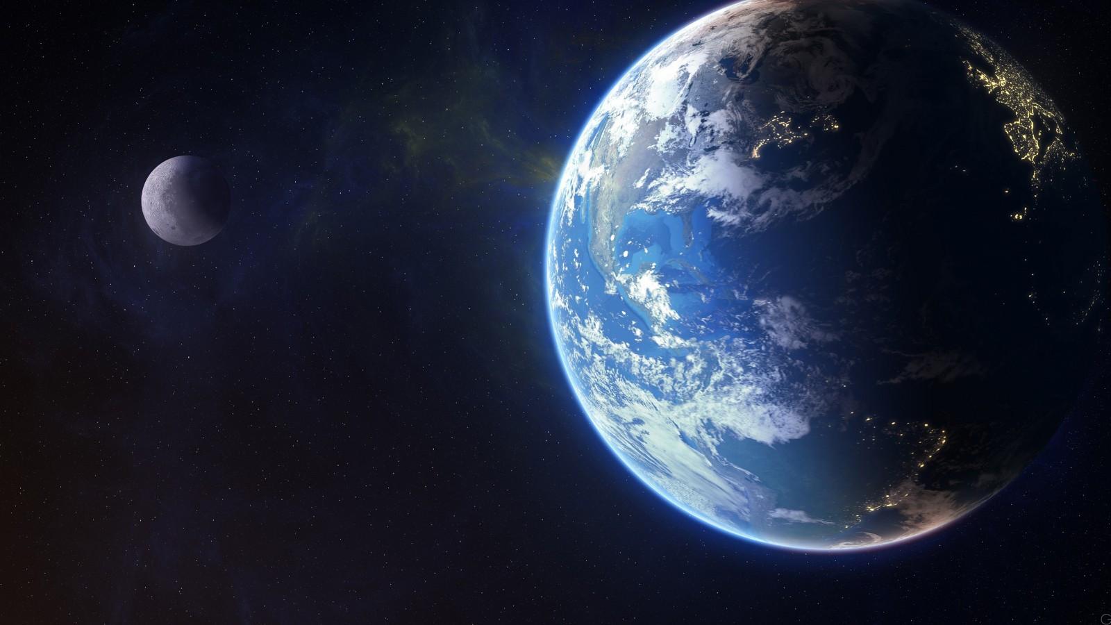1600x900 Download 1600x900 Earth, Moon, Galaxy, Stars, Light Wallpaper