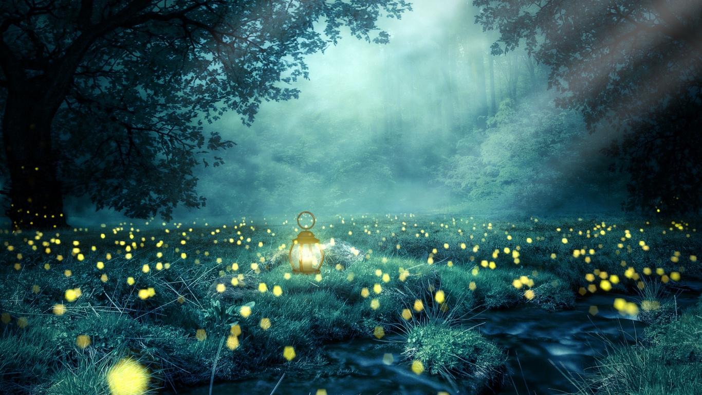 1366x768 Download Lantern, lights, evening, landscape, forest wallpaper, 1366x Tablet, laptop