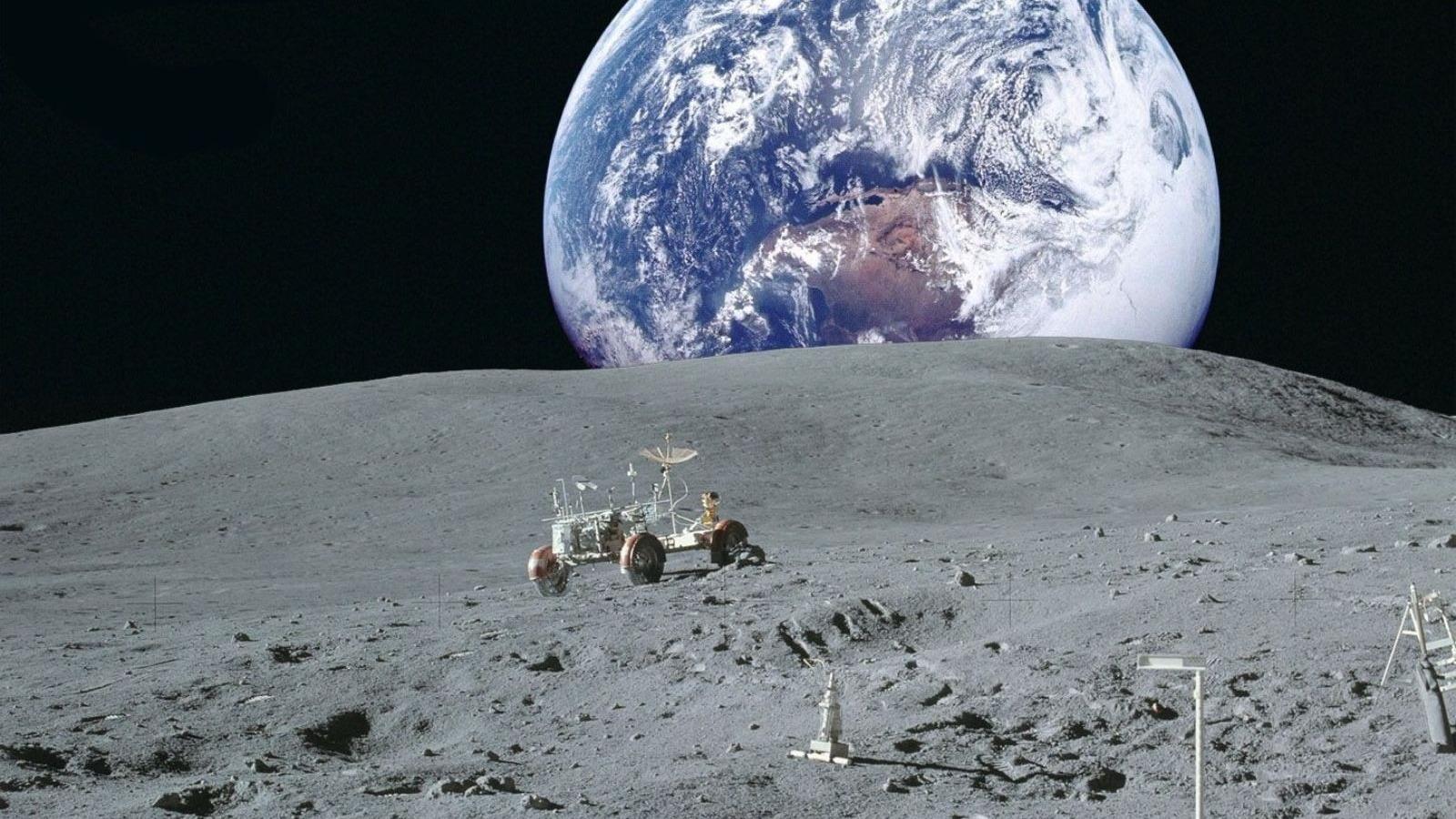 1600x900 Download wallpaper space, earth, Wallpaper, the moon, planet, NASA, lunar vehicle, view of earth from the moon, section space in resolution 1600x900