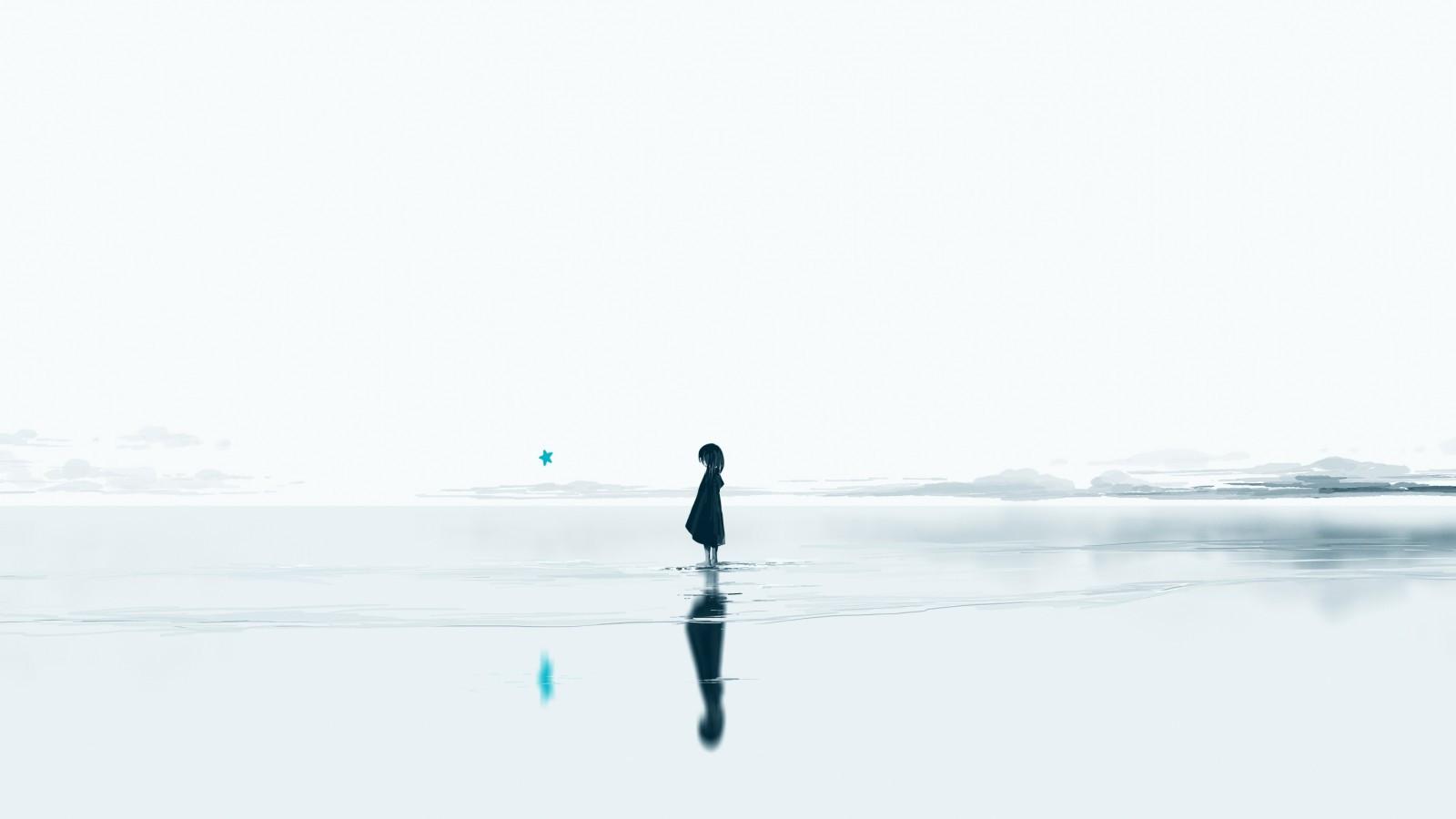 1600x900 Download 1600x900 Lonely Anime Girl, Reflection, Star, Water, Sadness Wallpaper