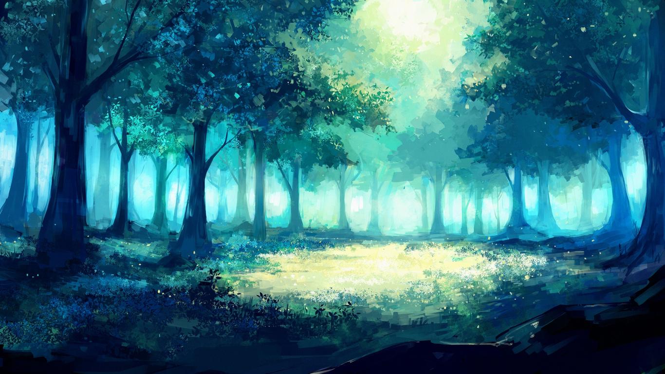 1366x768 Download Forest, fantasy, tree, artwork, anime wallpaper, 1366x Tablet, laptop