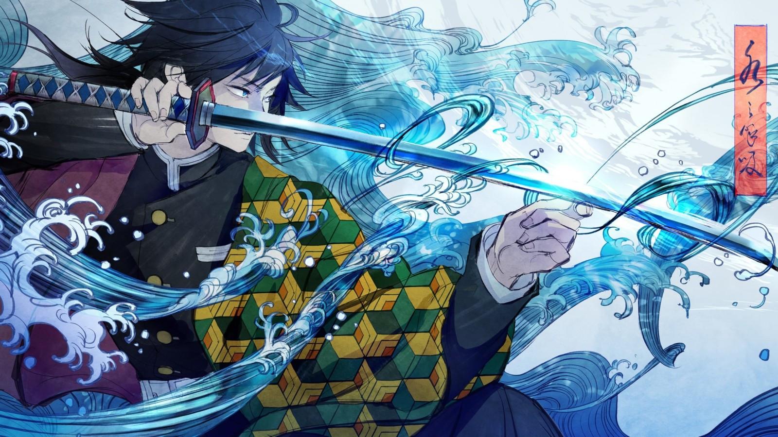 1600x900 Download 1600x900 Tomioka Giyuu, Kimetsu No Yaiba, Demon Slayer, Katana, Water Wallpaper