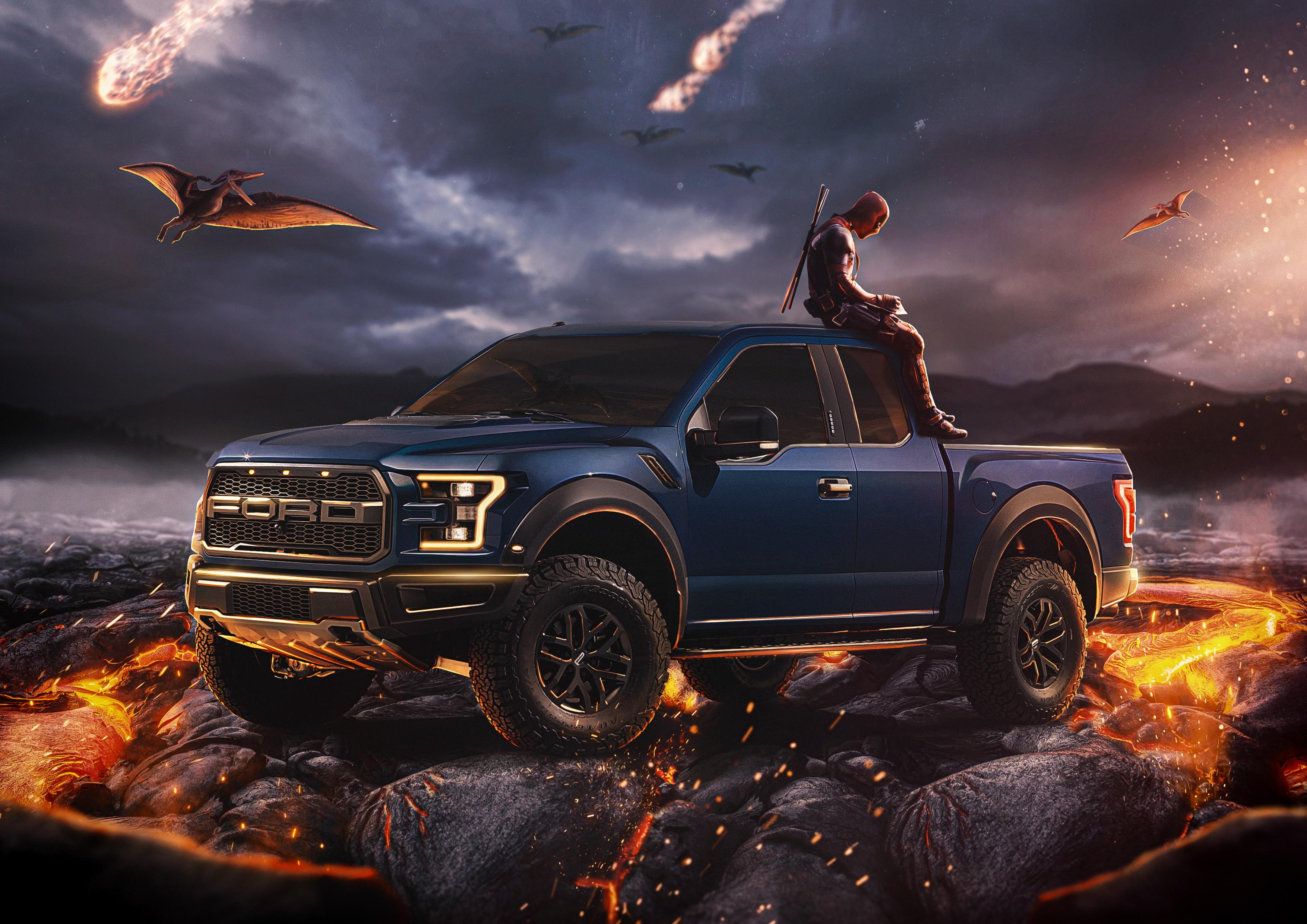 3508x2480 F 150 Raptor Ford Deadpool Dinosaurs Volcano Lava Pterodactyl Katana 4x4 Wallpaper:3508x2480