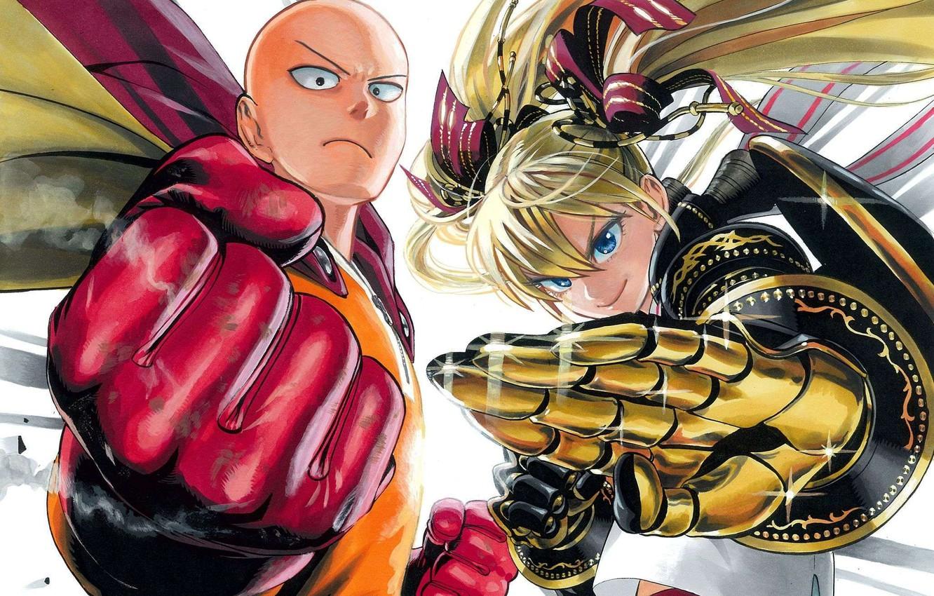 1332x850 Wallpaper girl, anime, bald, gloves, cloak, two, stand, One Punch Man image for desktop, section прочее