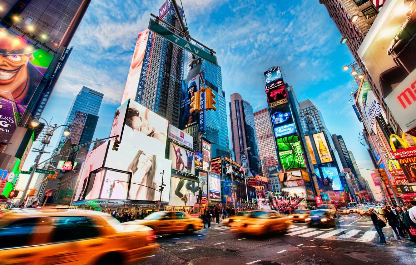 1332x850 Wallpaper the city, people, taxi, New York, Times Square image for desktop, section город