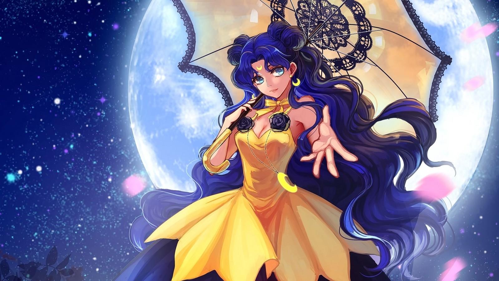 1600x900 illustration, long hair, anime, anime girls, blue hair, umbrella, dress, Moon, Sailor Moon, mythology, screenshot, computer wallpaper, musical theatre, fictional character. Mocah HD Wallpaper