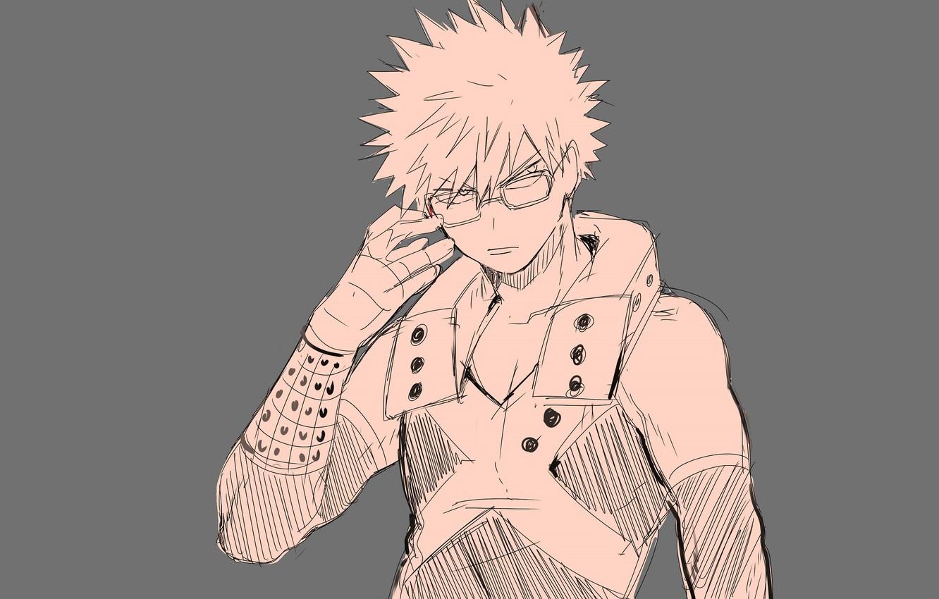 1332x850 Wallpaper art, guy, grey background, My Hero Academia, Boku No Hero Academy, Bakugou Katsuki, My Hero Academy, Bakuga Katsuki image for desktop, section сёнэн