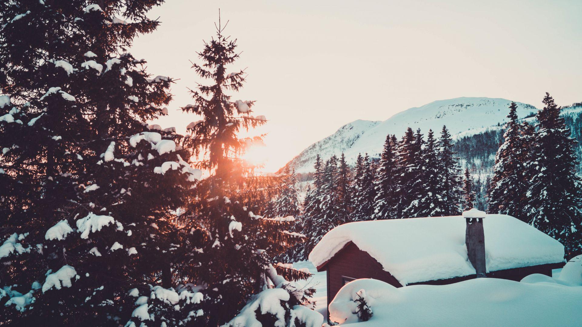 1920x1080 Desktop wallpaper cabin, winter, snowfall, tree and mountains, sunrise, HD image, picture, background, b88d83