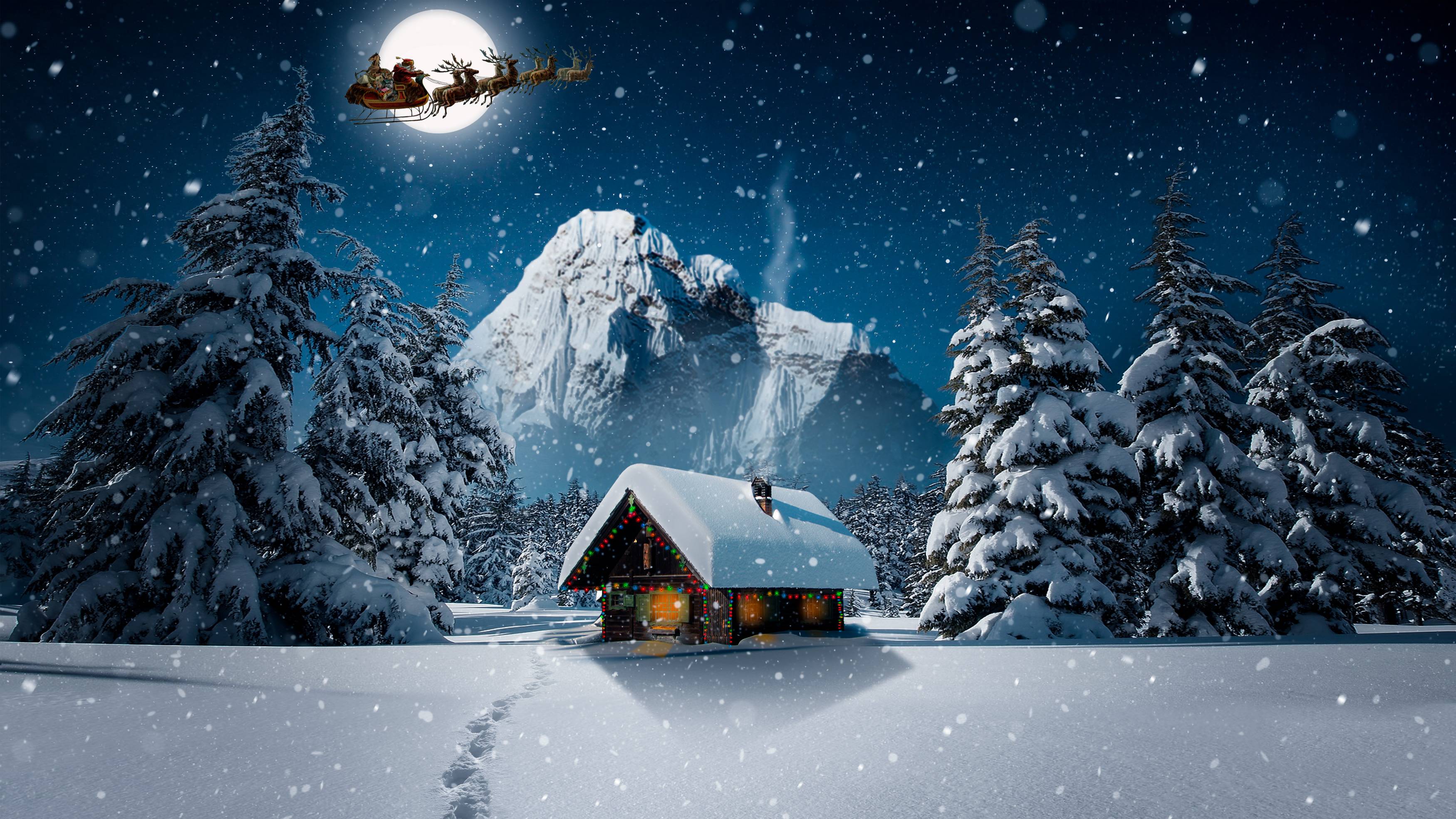 3500x1969 Santa Claus, Winter, Decoration, Full moon, 4K, Snowfall, Reindeer Chariot, House. Mocah HD Wallpaper