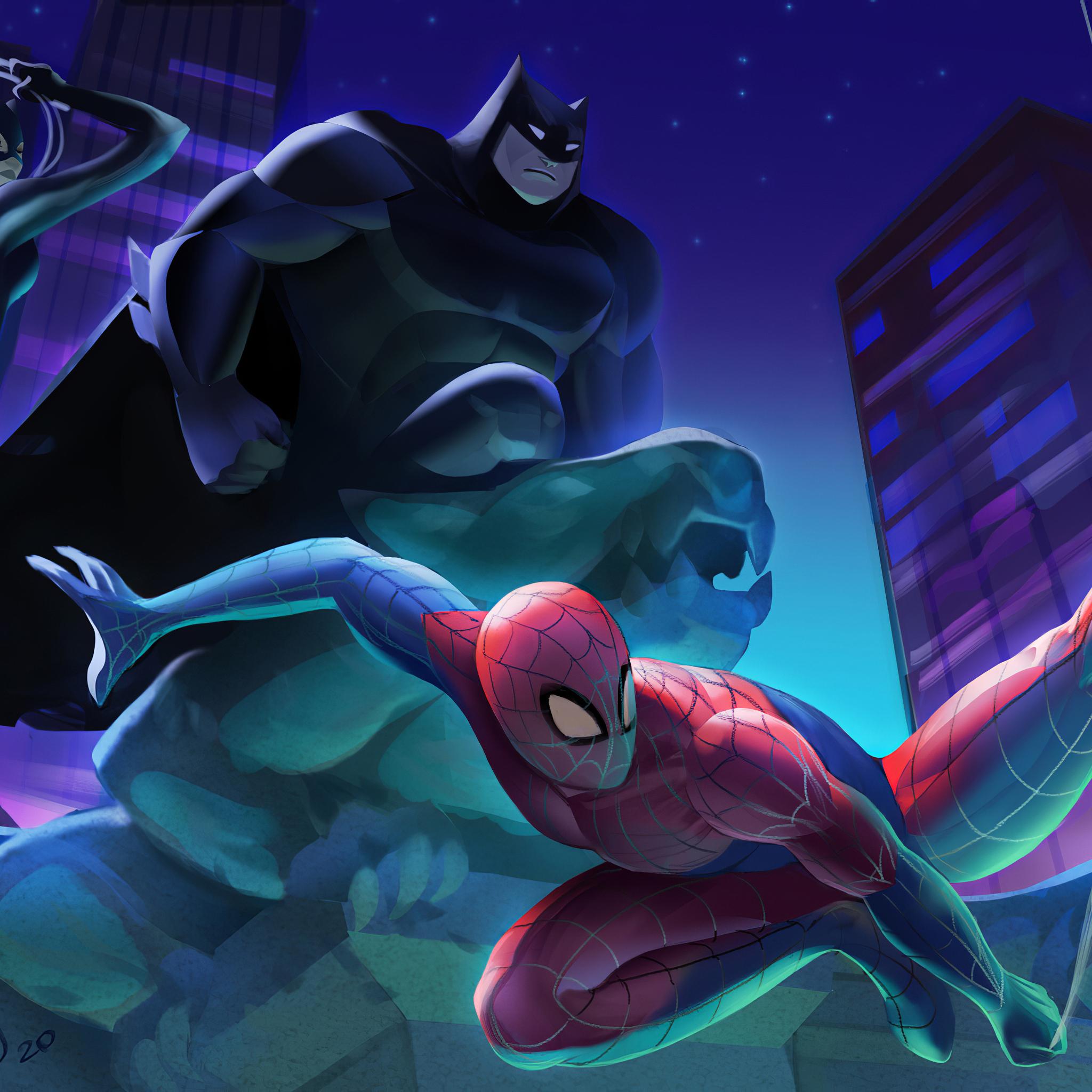 2048x2048 Batman Spiderman Catwoman 4k iPad Air HD 4k Wallpaper, Image, Background, Photo and Picture