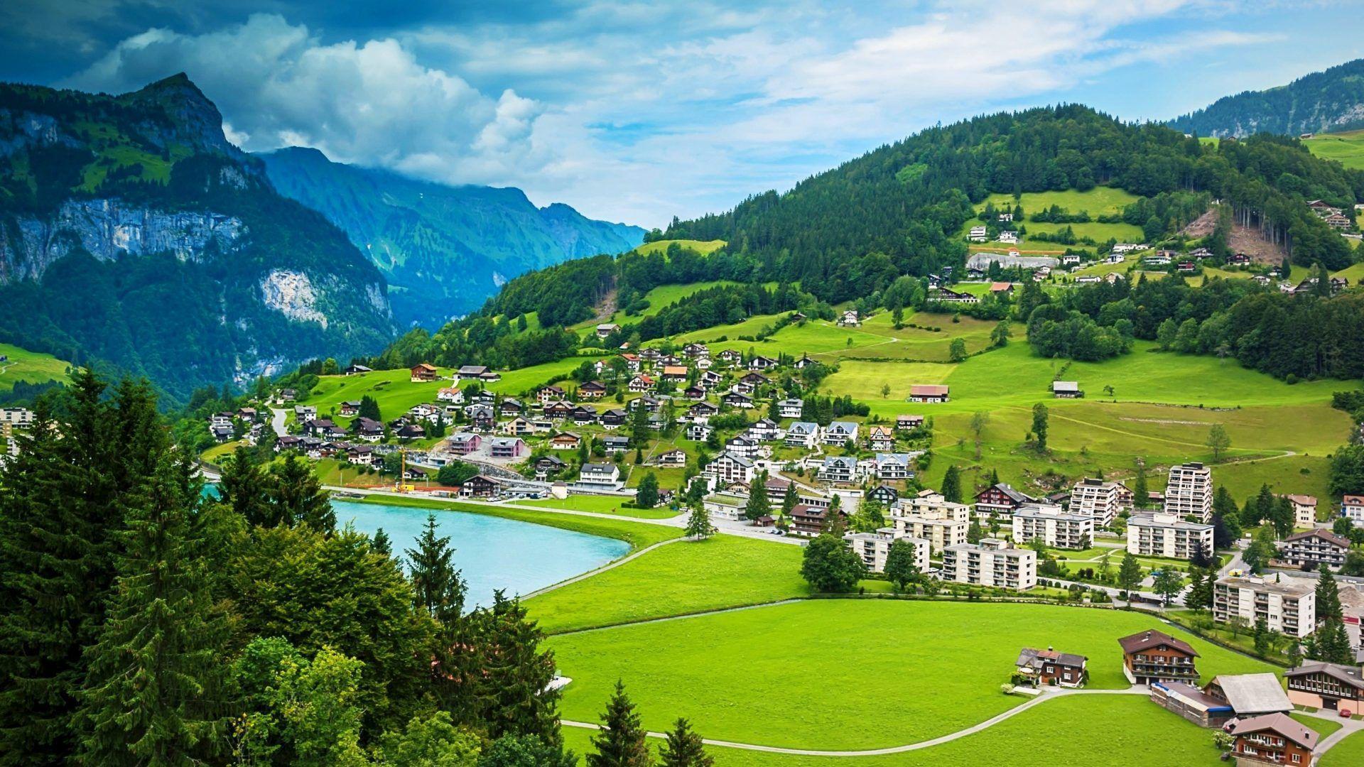 1920x1080 Pretty Village Alps Wallpaper