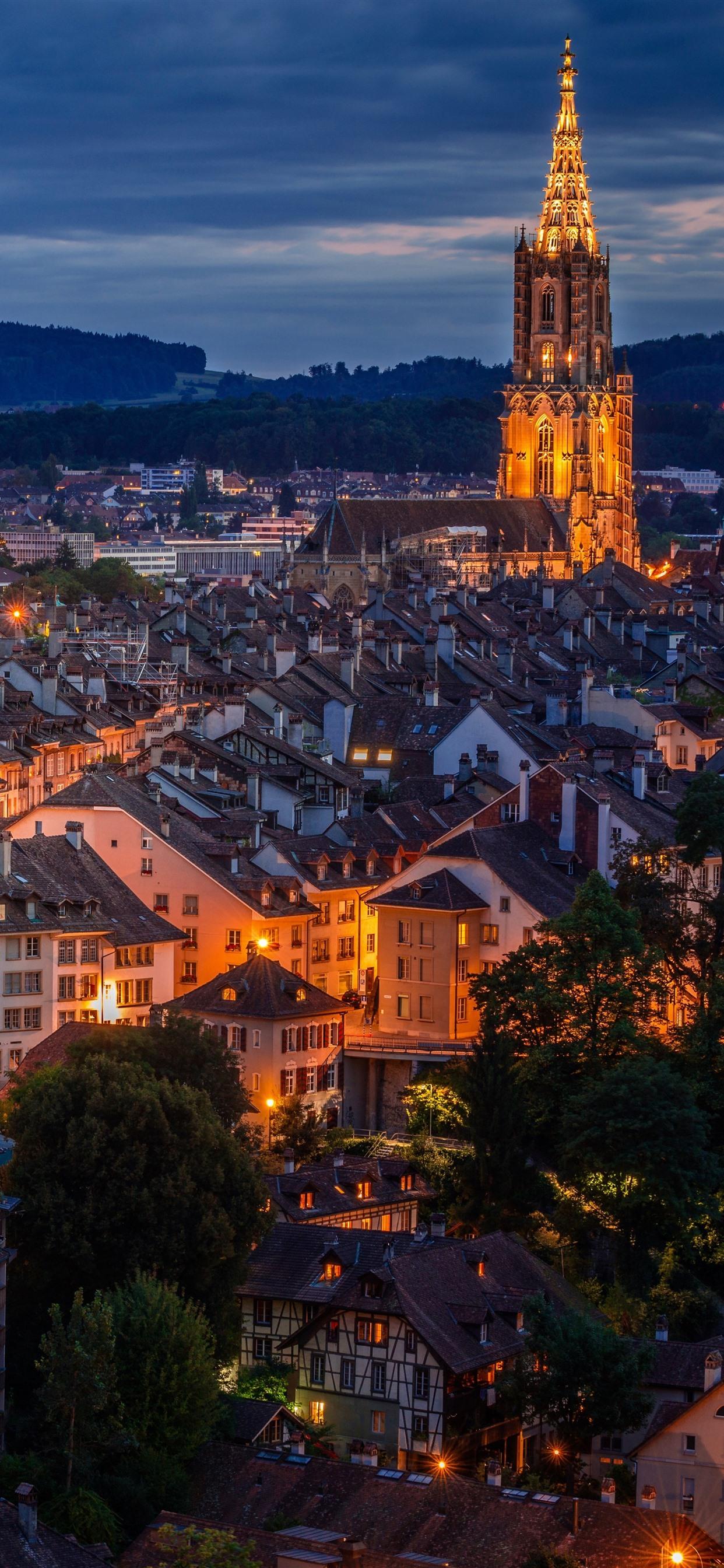 1242x2688 iPhone Wallpaper Switzerland, Bern, Night City, Houses
