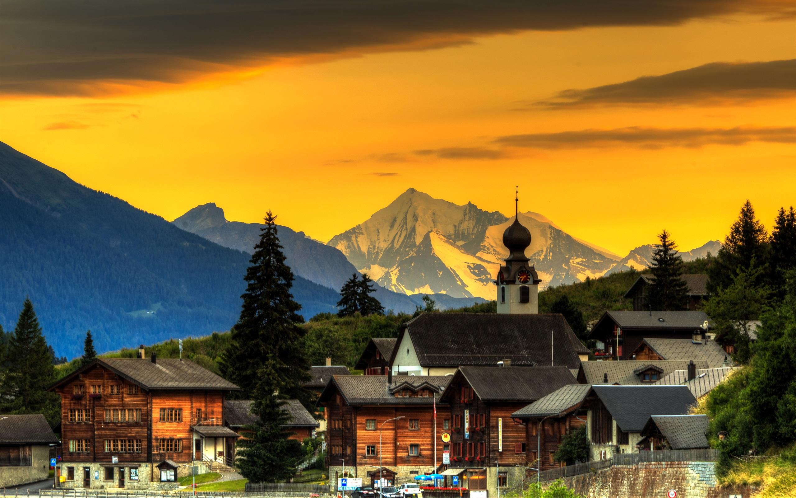2560x1600 Wallpaper Switzerland, glow, town, mountains, dusk 2560x1600 HD Picture, Image