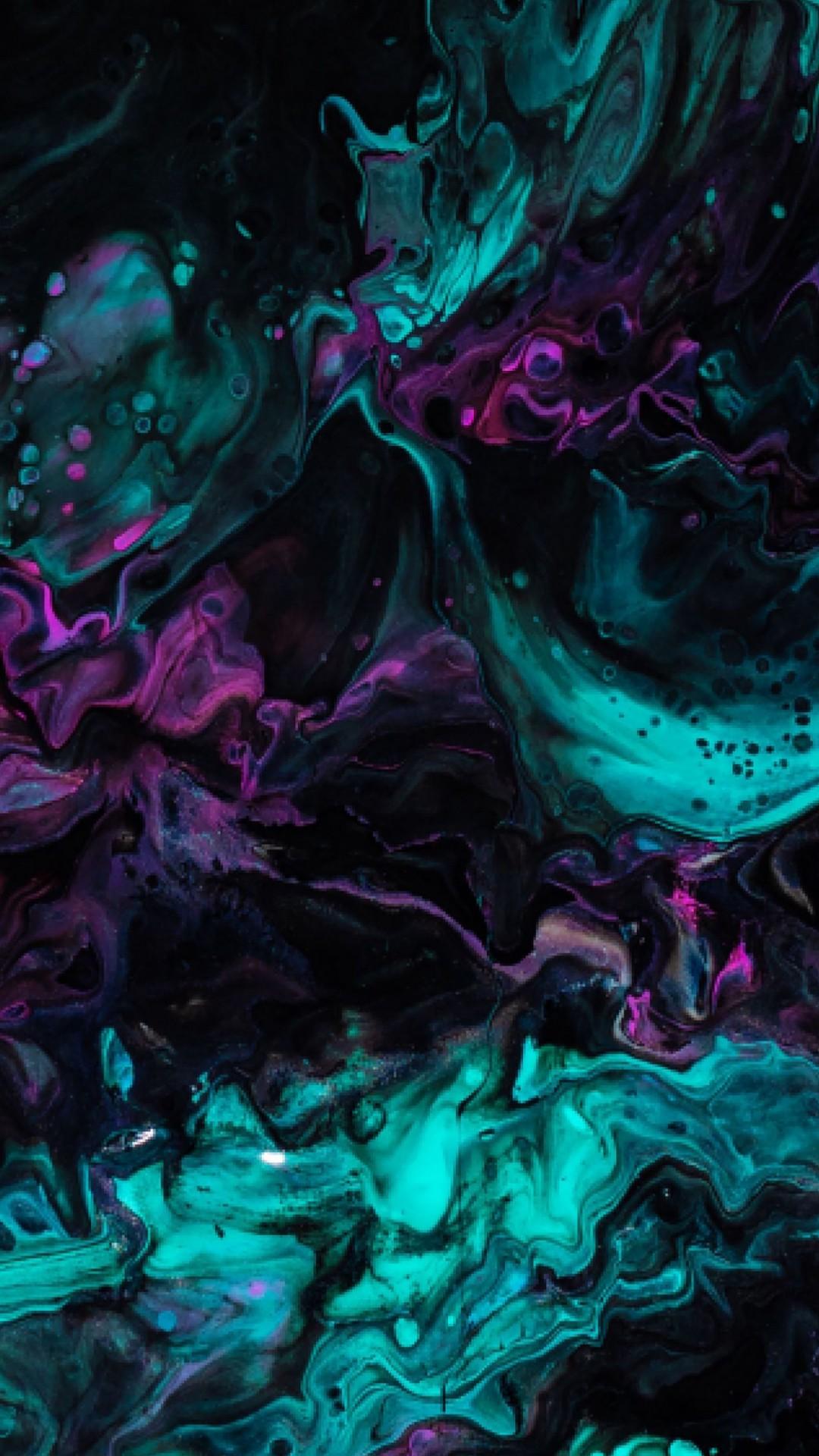1080x1920 Paint Stains Mixing Liquid Turquoise Purple Dark 4K HD Wallpaper