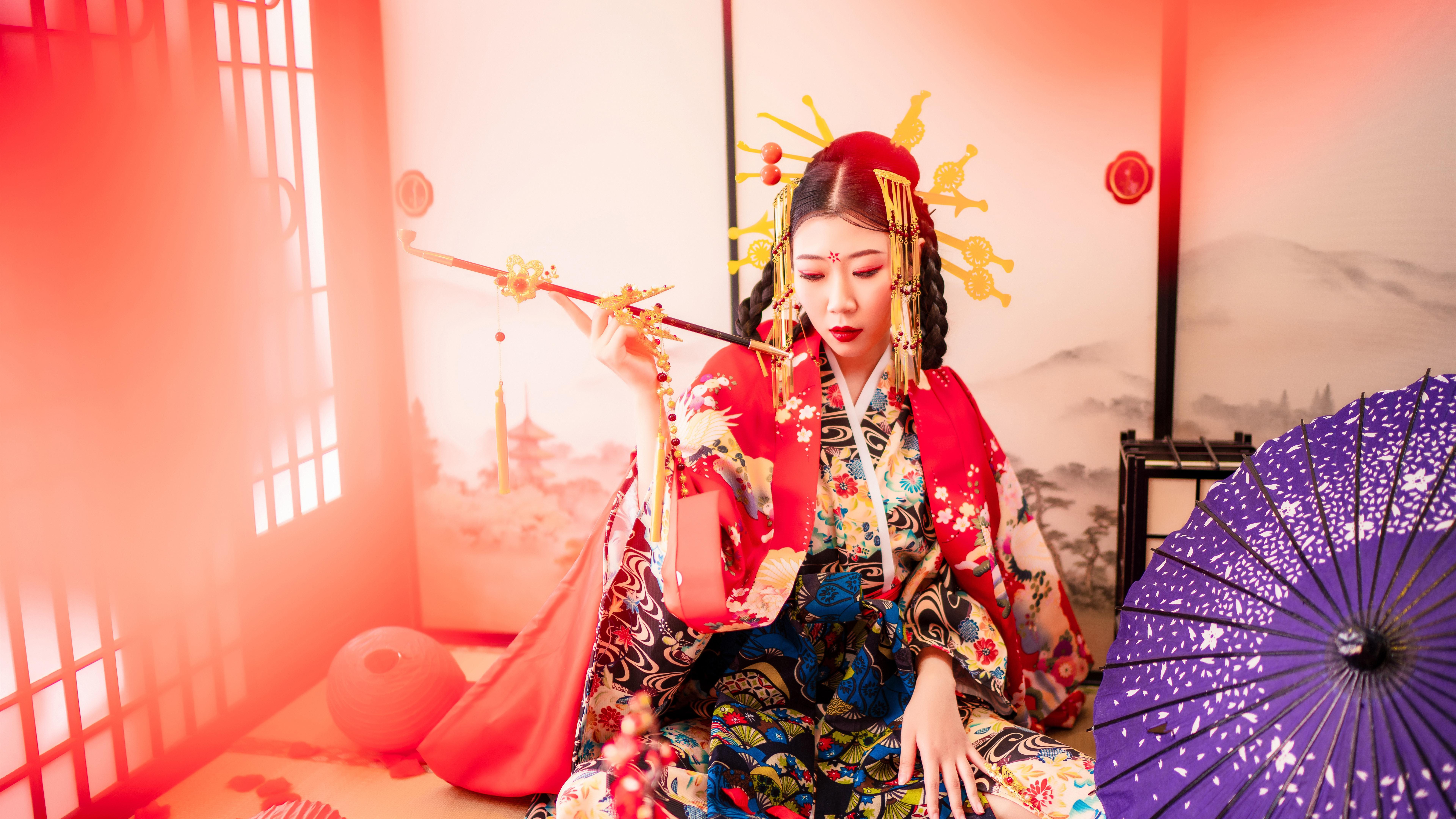 7680x4320 Wallpaper Japanese girl, kimono, smoke, umbrella, room 7680x4320 UHD 8K Picture, Image