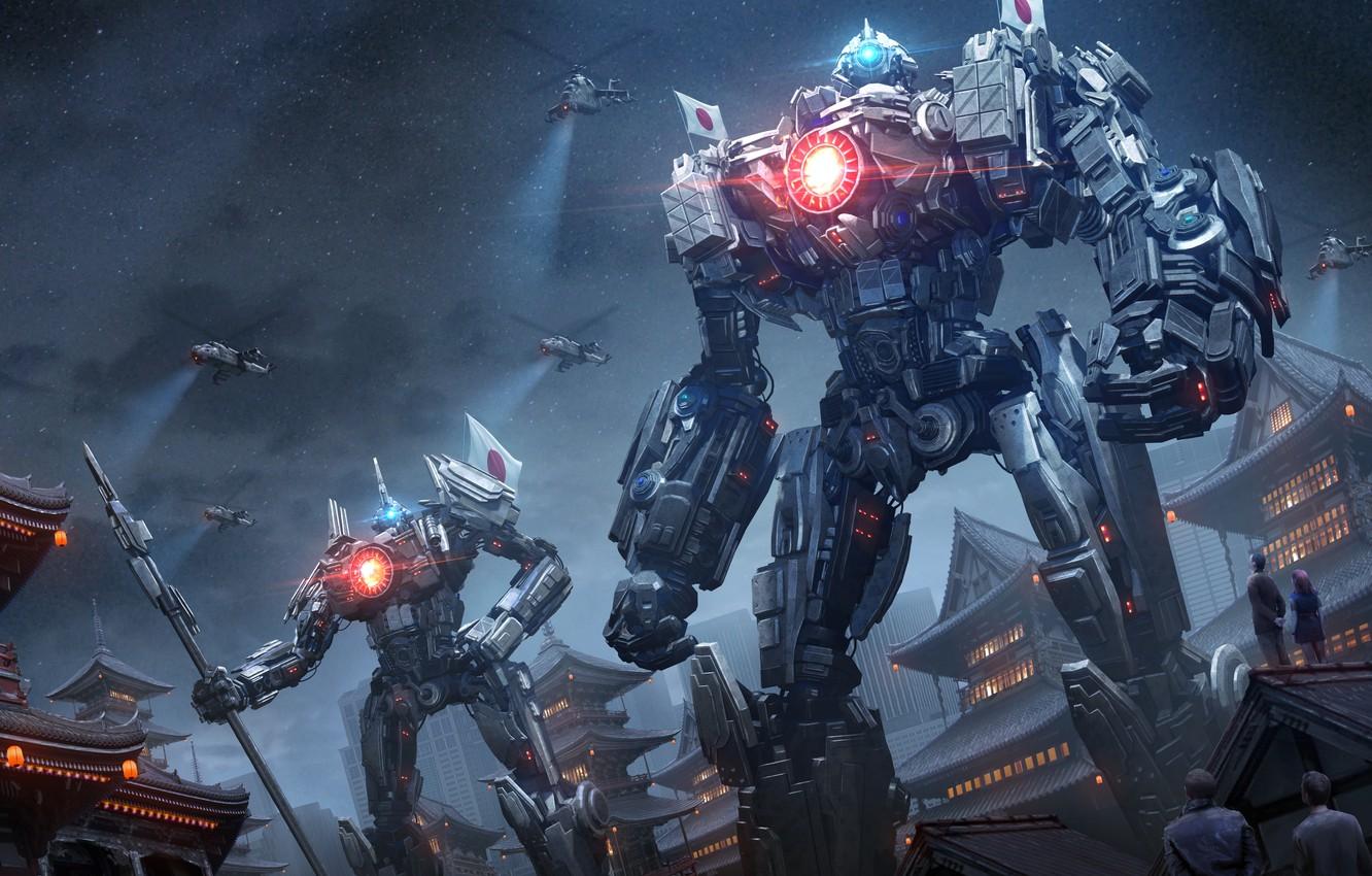 1332x850 Wallpaper night, fiction, art, robot, cyberpunk, giants, fan art, cyborg, Pacific Rim, jaeger, good image for desktop, section фантастика