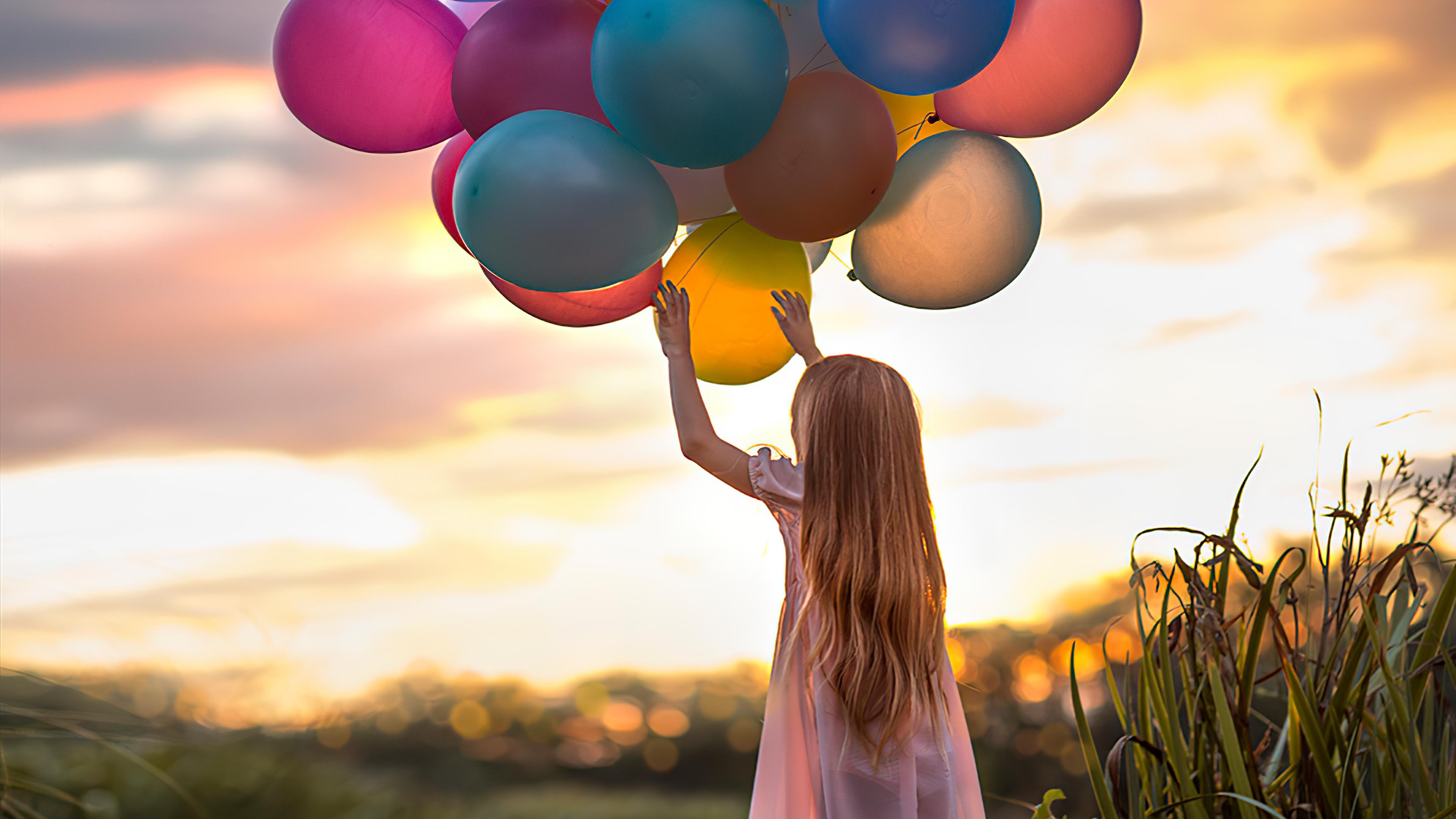 3840x2160 Little Girl With Colorful Balloons 1366x768 Resolution HD 4k Wallpaper, Image, Background, Photo and Picture