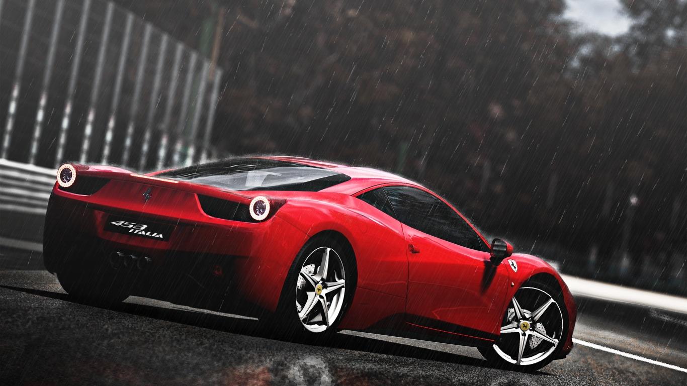 1366x768 Ferrari 458 Italia in the Rain desktop PC and Mac wallpaper