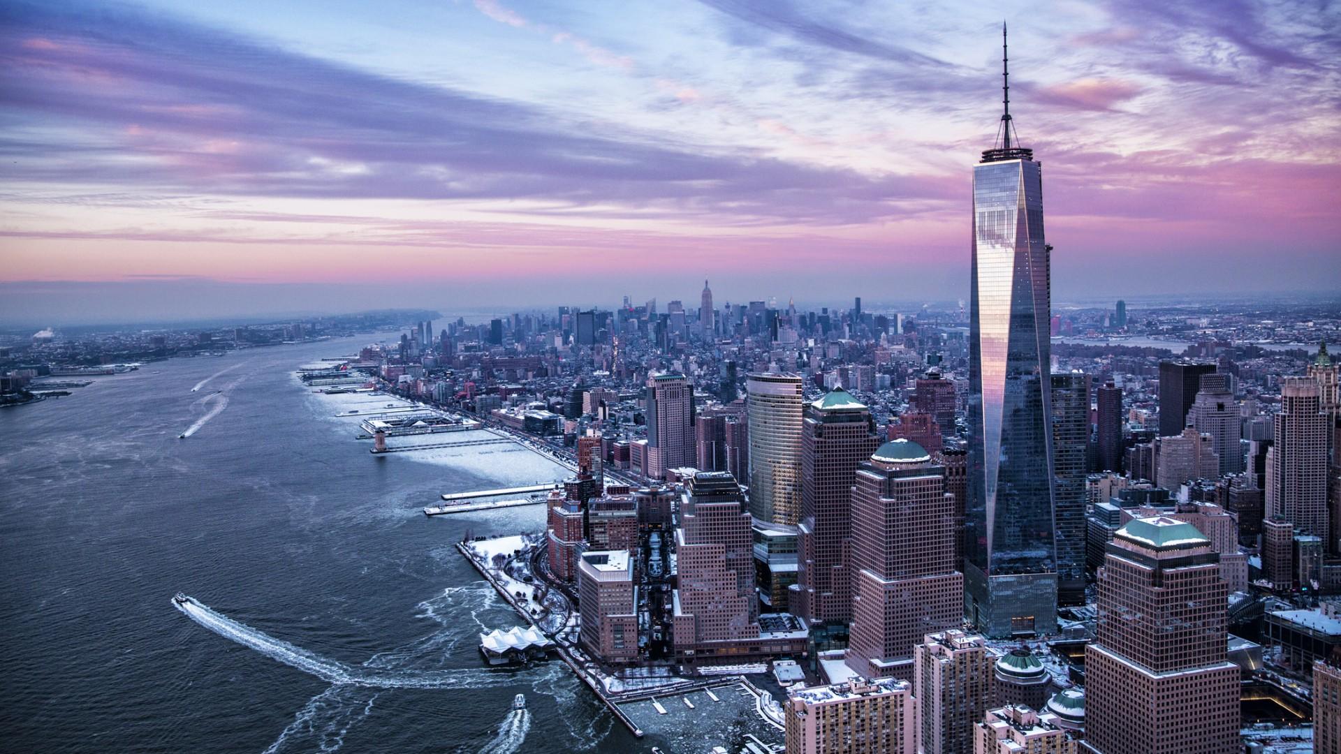 1920x1080 architecture, Building, Skyscraper, New York City, USA, Cityscape, Manhattan, One World Trade Center, Sunset, Clouds, Ship, Winter, Snow Wallpaper HD / Desktop and Mobile Background