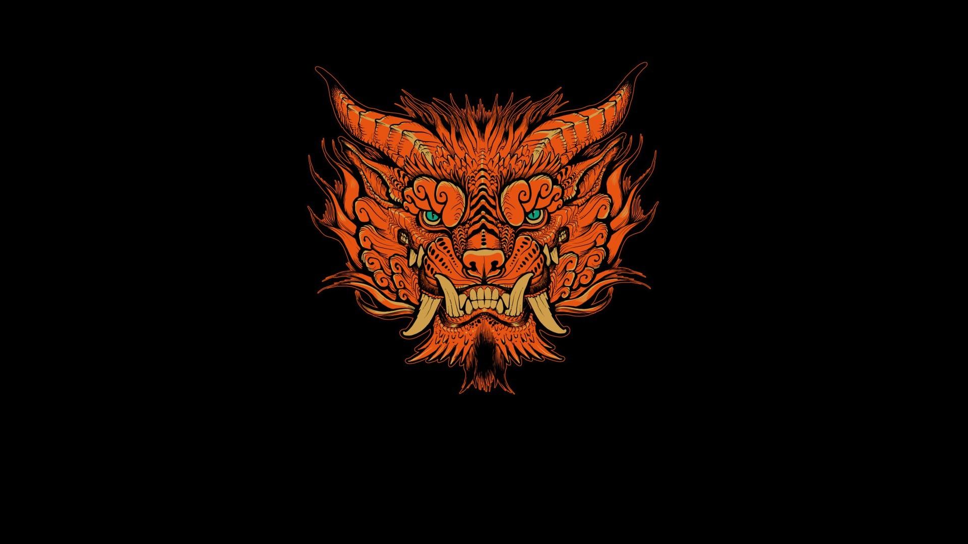 1920x1080 Tribal Animals Black Background Minimalism Artwork Orange Wallpaper:1920x1080