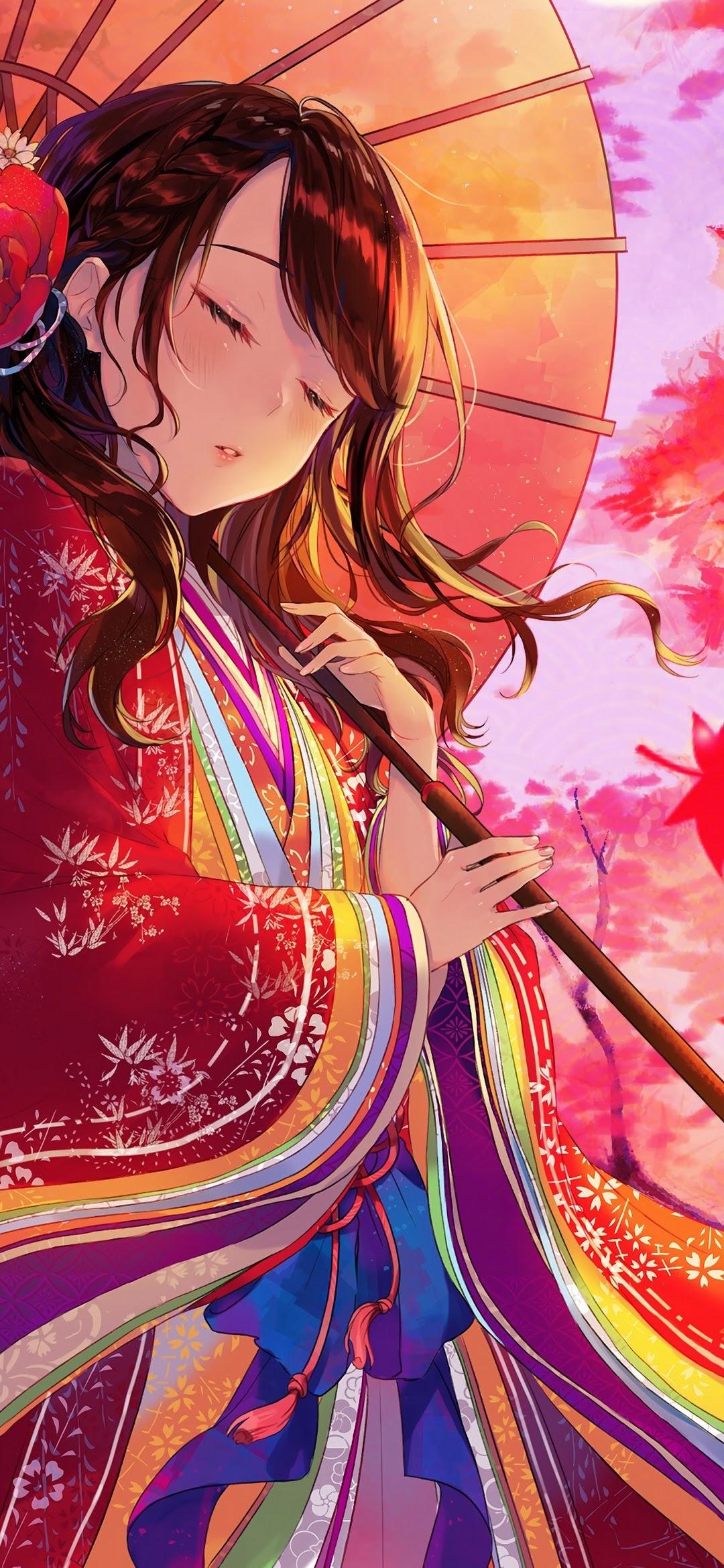 1080x2340 Anime, Girl, Kimono, Maple, Trees, Autumn, 4k, Wallpaper Redmi Note 8