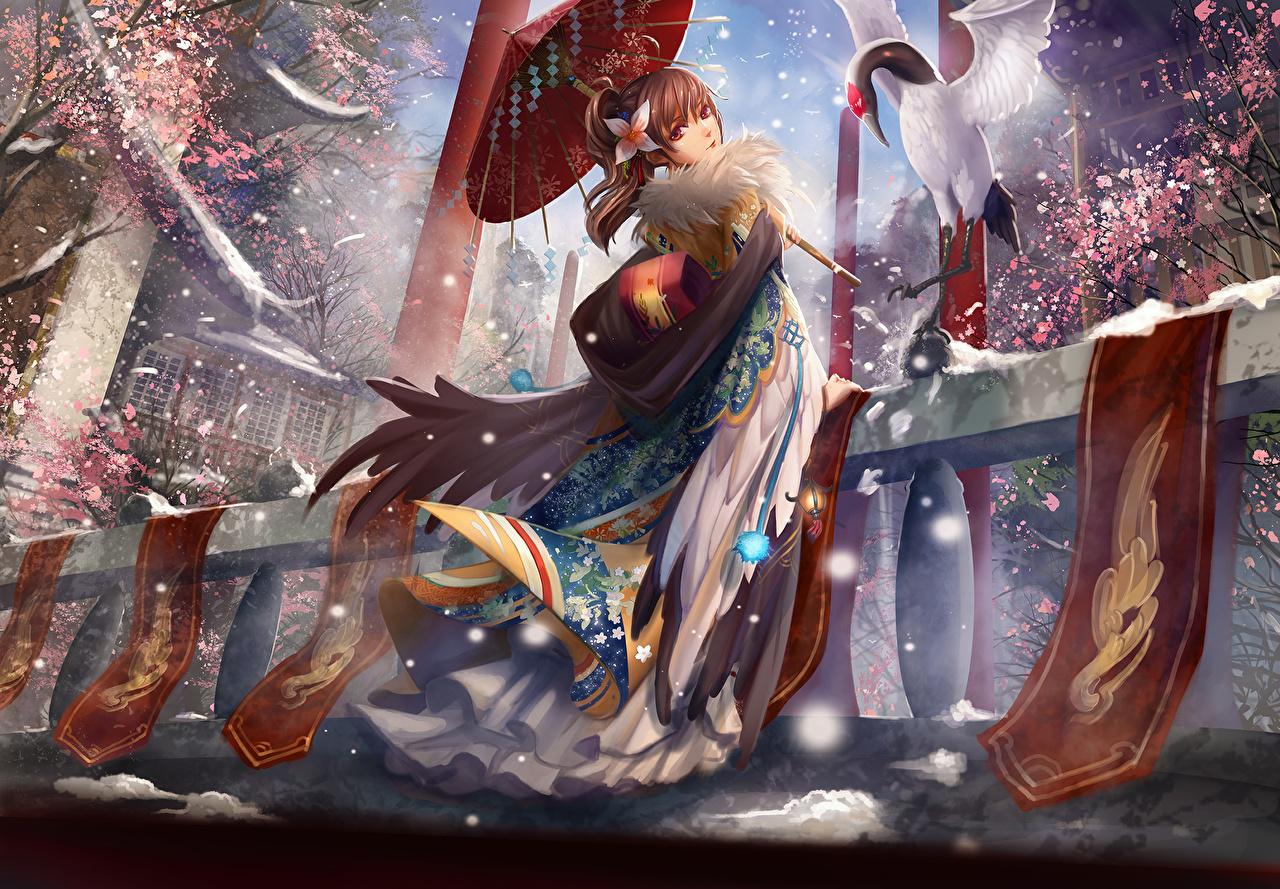 1280x889 image liu (sixquest), original Kimono Anime young woman Umbrella