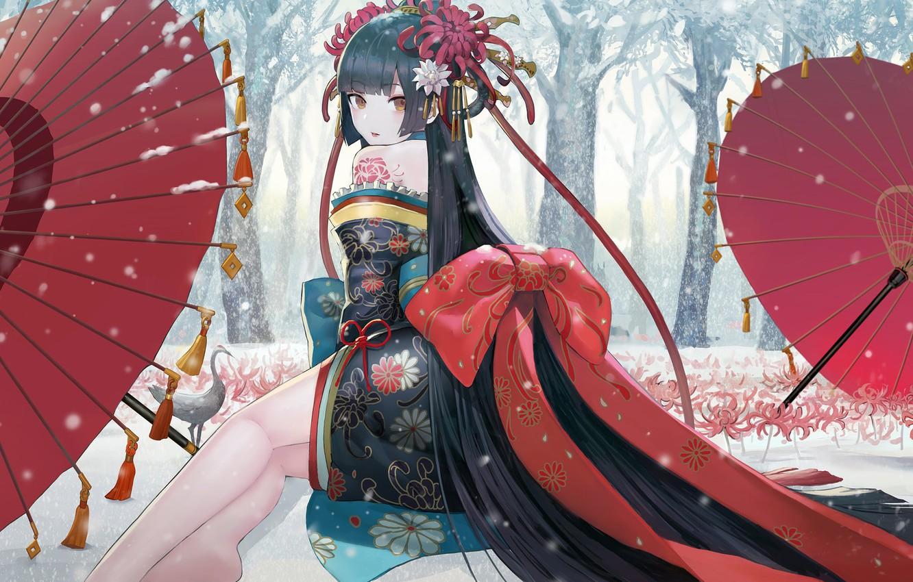 1332x850 image Of Black Hair Anime Kimono Girl