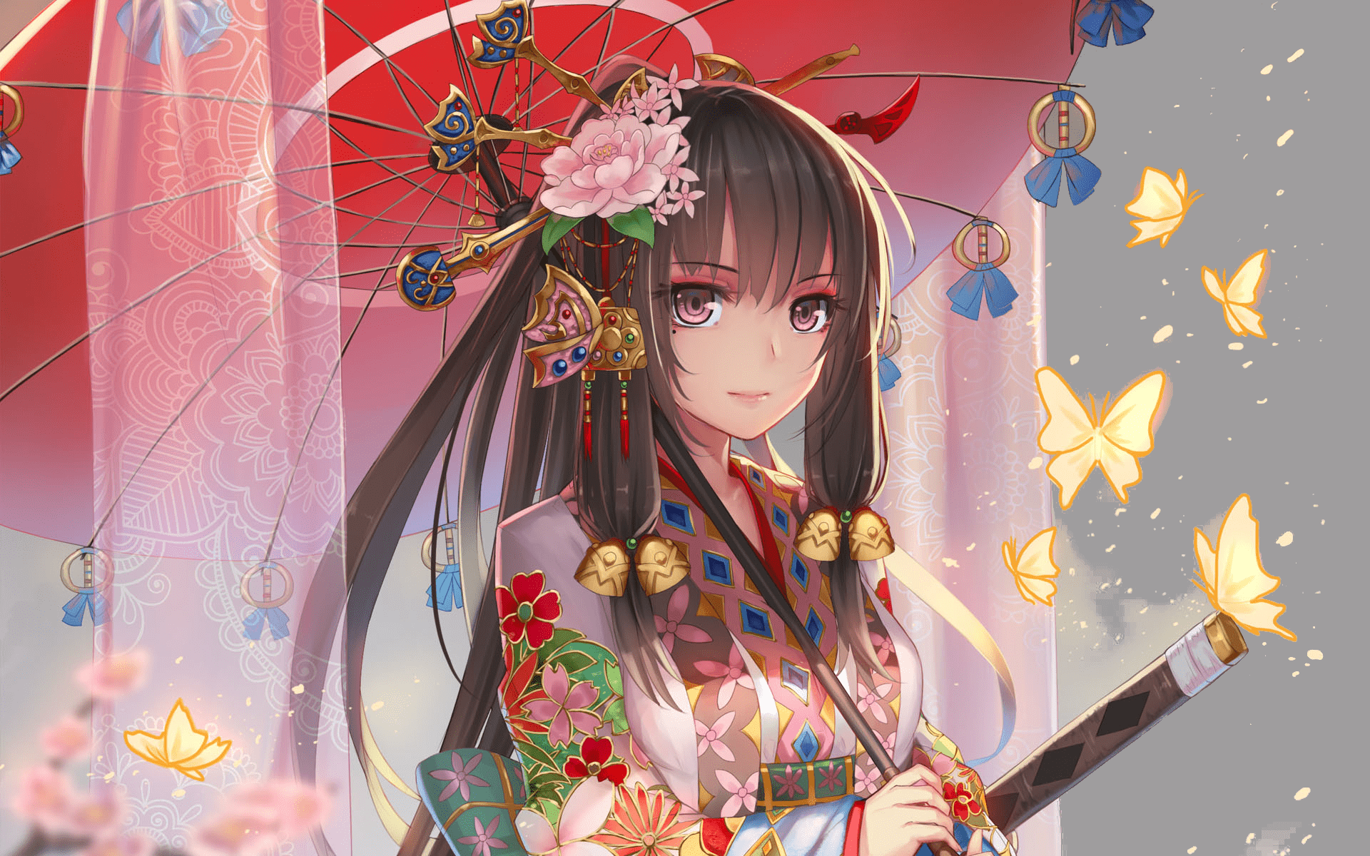 1920x1200 Sword, Umbrella, Flower, Black Hair, Original (Anime), Kimono, Long Hair, Girl, Anime wallpaper. Mocah HD Wallpaper