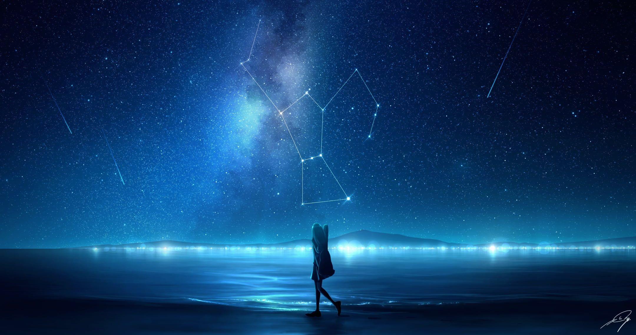 2160x1137 anime anime girls #digital digital art #artwork #night anime sky #sky #stars starry night #lights Milky Way #skysc. Night sky wallpaper, Sky anime, Anime scenery