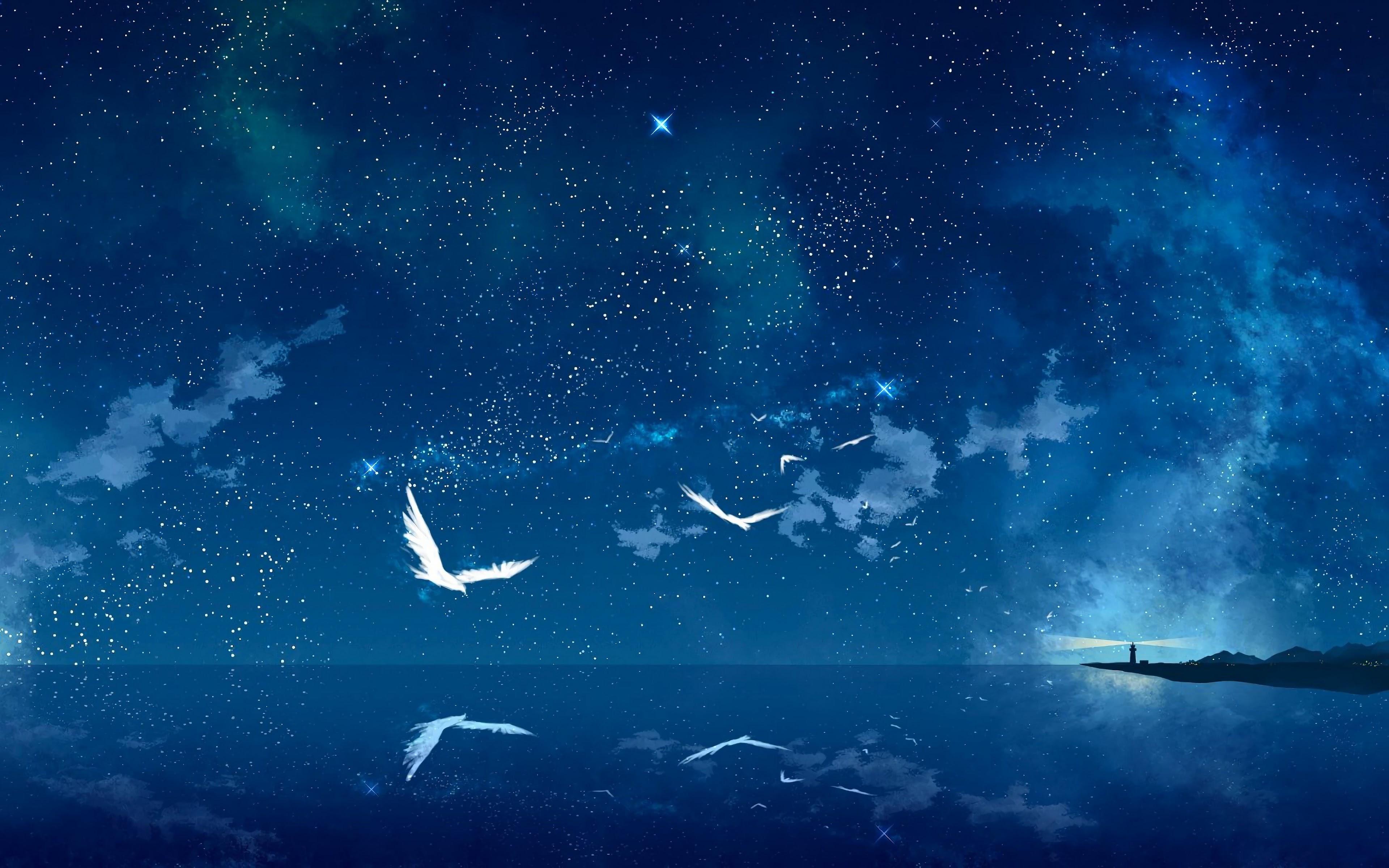 3840x2400 Night Sky Stars Ocean Horizon Scenery Lighthouse Anime 4K Wallpaper