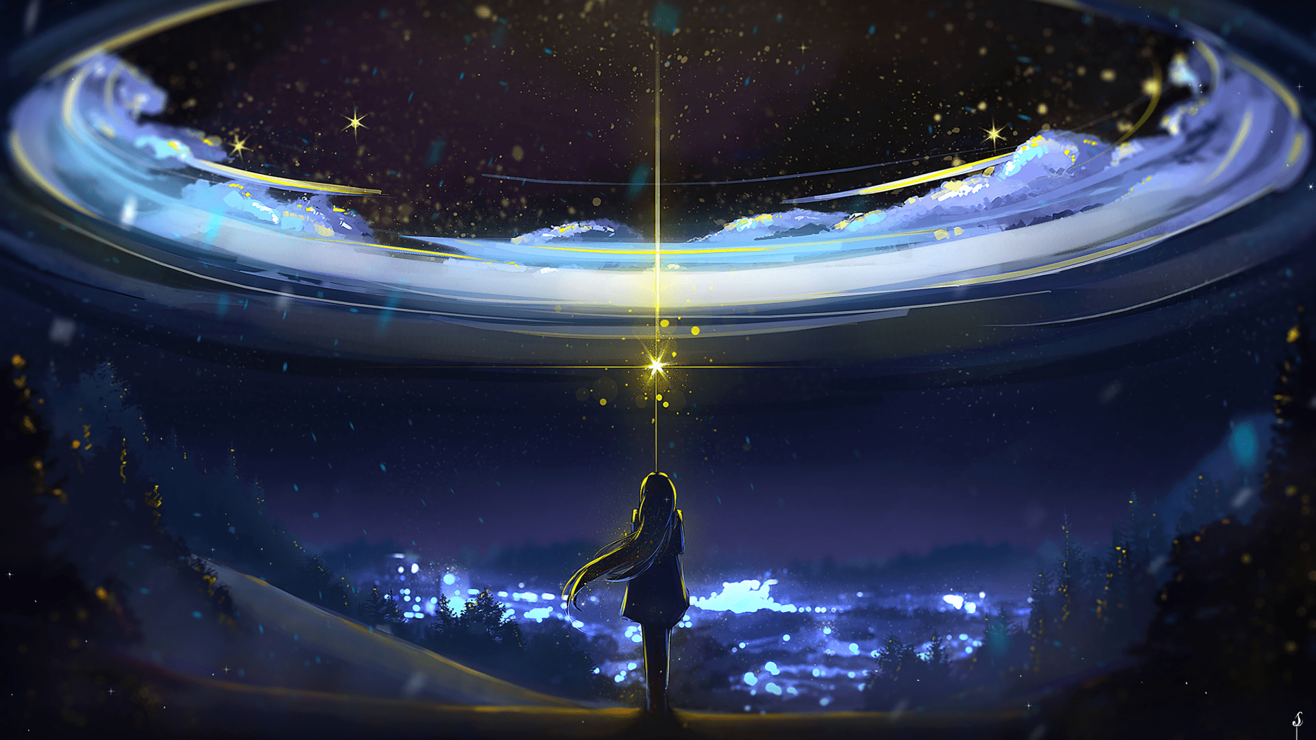 1920x1080 Download 1920x1080 Anime Girl, Magic, Night, Stars, Back View, Bokeh Wallpaper for Widescreen