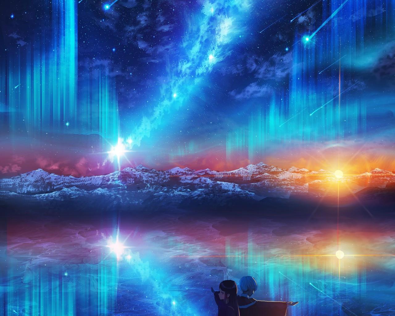 1280x1024 Download 1280x1024 Anime Landscape, Night, Stars, Scenic, Reflection, Two Dimensions, Sunset Wallpaper