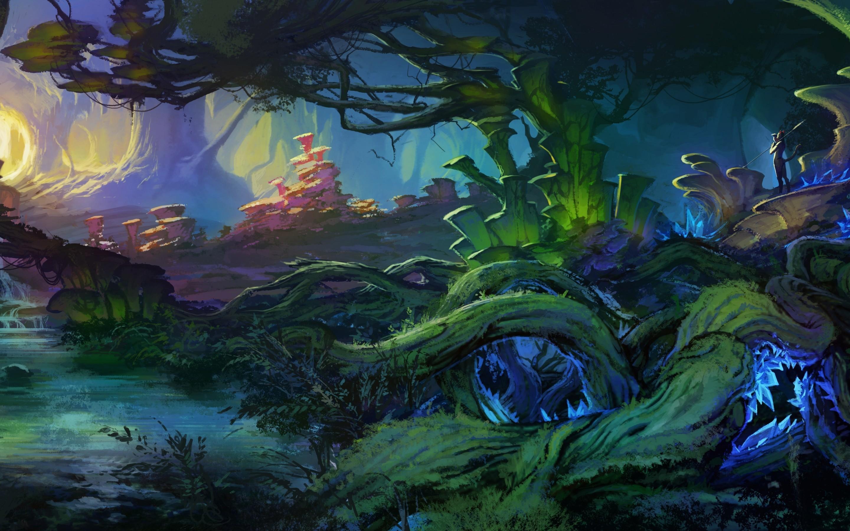 2880x1800 art, Landscape, Fantasy, World, Bush, Plants, Trees, Roots, Creek, Forest, Magical Wallpaper HD / Desktop and Mobile Background