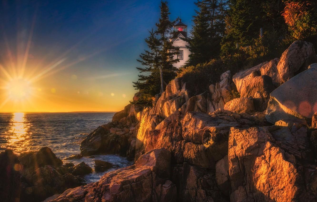 1332x850 Wallpaper sunset, the ocean, rocks, lighthouse, Maine, Man, Acadia National Park, Acadia national Park, Bass Harbor Head Lighthouse, Blue Hill Bay image for desktop, section пейзажи